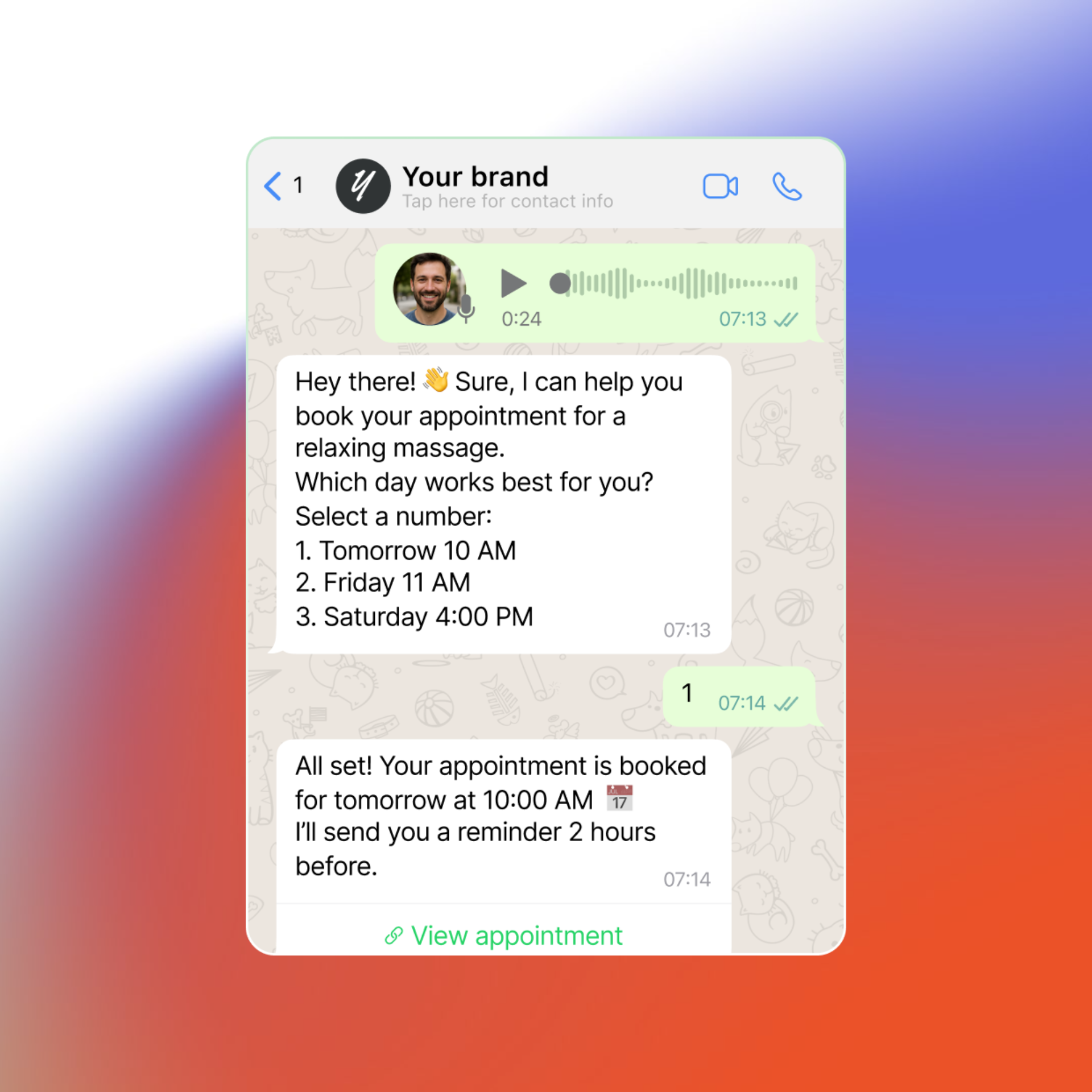 Screenshot of a WhatsApp conversation on a gradient background. The assistant "Your brand" offers appointment options for a relaxing massage, including tomorrow 10 AM, Friday 11 AM, or Saturday 4 PM. The user selects "1," and the assistant confirms the booking for tomorrow at 10:00 AM with a reminder set for two hours before. A "View appointment" link is visible at the bottom of the chat.