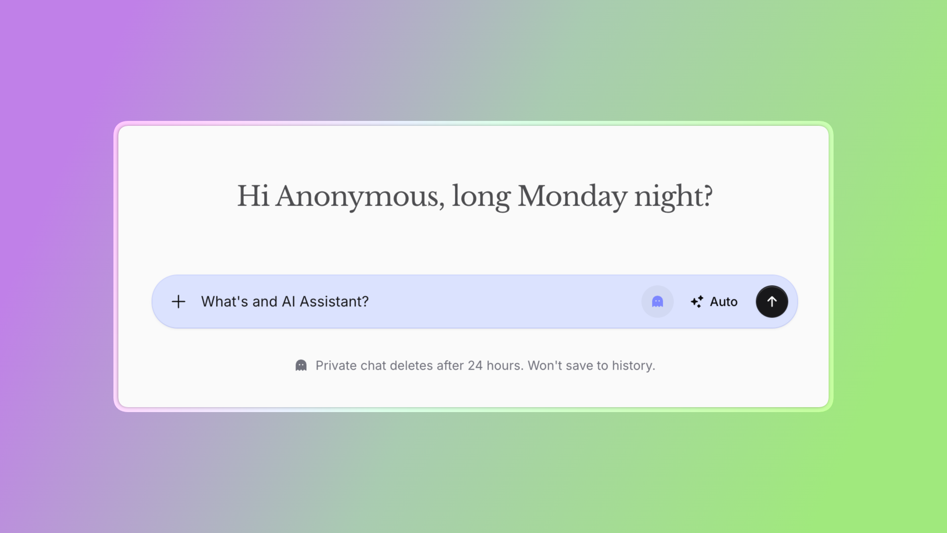Web chat interface with the header "Hi Anonymous, long Monday night?" and a pale blue message input bar below. The typed query reads, "What's and AI Assistant?" There are auto and ghost/anonymous icons, plus a round send button. A footer note says, "Private chat deletes after 24 hours. Won't save to history."