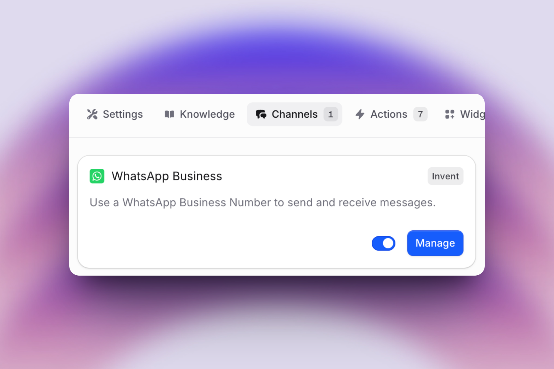 Channels management screen showing WhatsApp Business integration. The interface prompts users to use a WhatsApp Business Number for messaging, with a toggle switch enabled and a prominent blue "Manage" button.
