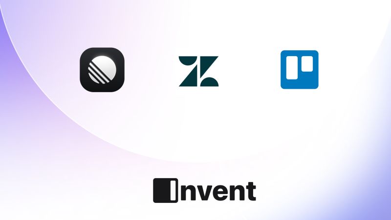 Graphic with three app icons: Linear, Zendesk, and Trello, above the Invent logo on a white and purple gradient background.
