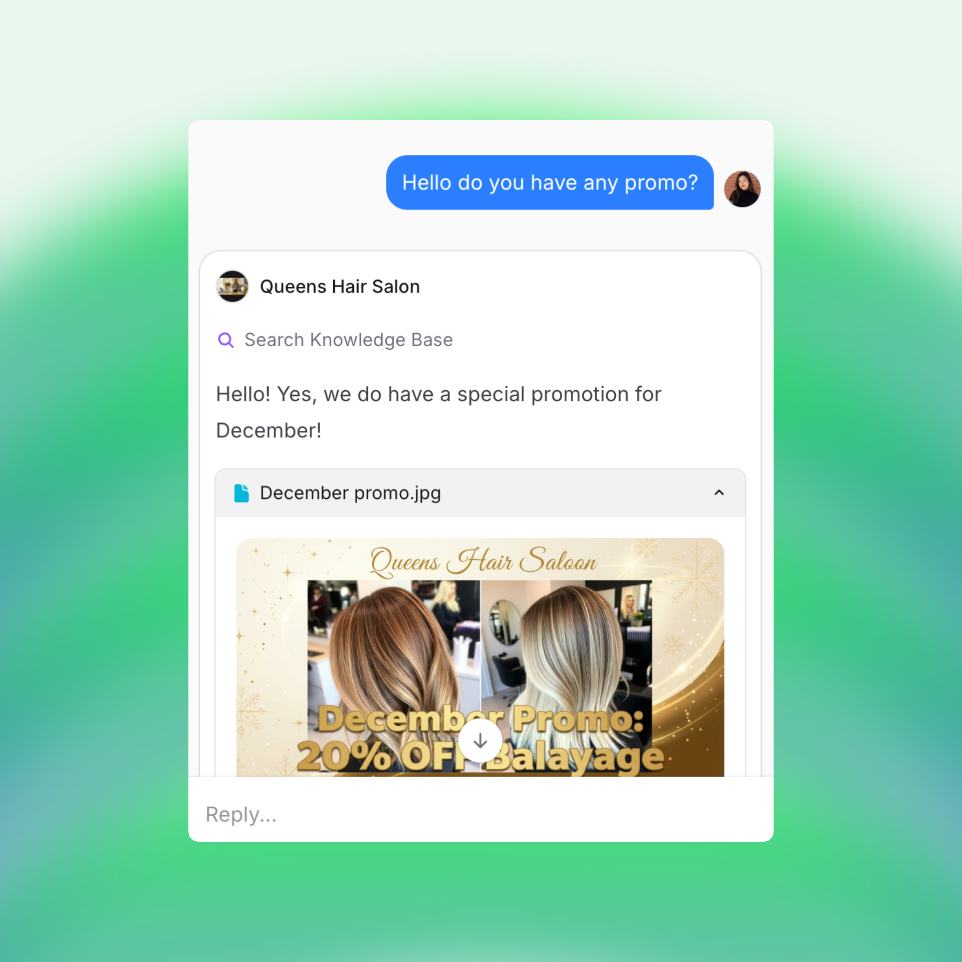 Queens Hair Salon responds to a client's inquiry in chat, sharing a December promotion for 20% off Balayage services with a festive promotional image.