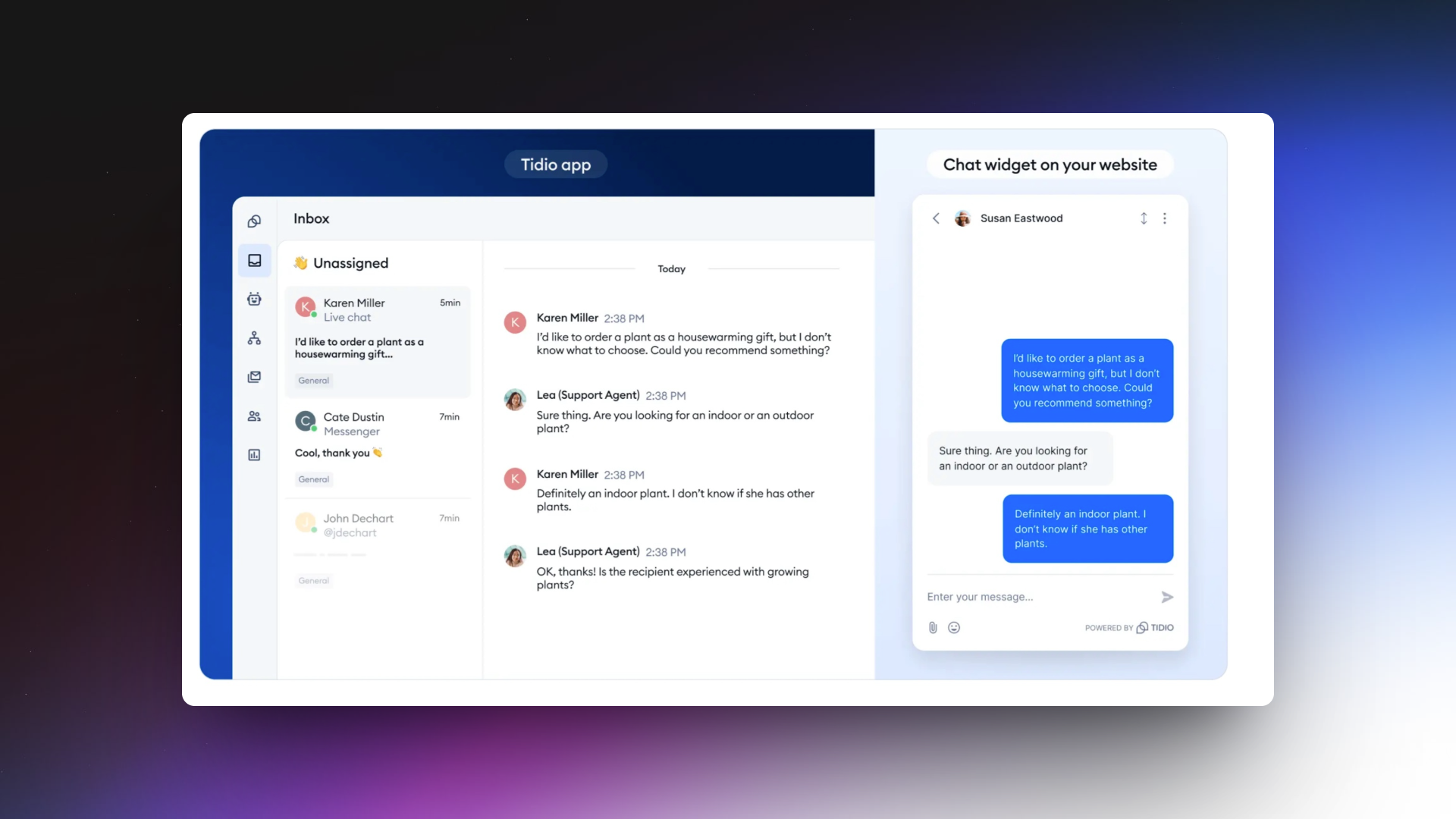 A screenshot showcases the Tidio app interface on a desktop. The left side shows the Tidio inbox with a list of unassigned chat conversations from users like Karen Miller and Cate Dustin. In the middle pane, a live chat is open between Karen Miller and Lea (Support Agent) discussing recommendations for ordering a plant as a housewarming gift. On the right, the “Chat widget on your website” window shows the same conversation as seen by the end user, with blue and white chat bubbles and the message input field at the bottom. The background features a dark-to-blue gradient.