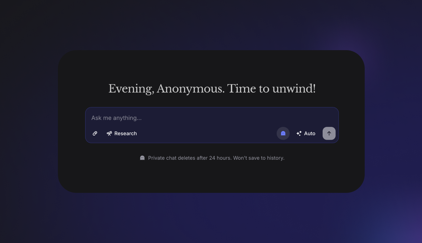 A dark interface from Invent with the message, “Evening, Anonymous. Time to unwind!” is displayed above a chat input box labeled “Ask me anything…” and “Research.” A note below states, “Private chat deletes after 24 hours. Won’t save to history.”