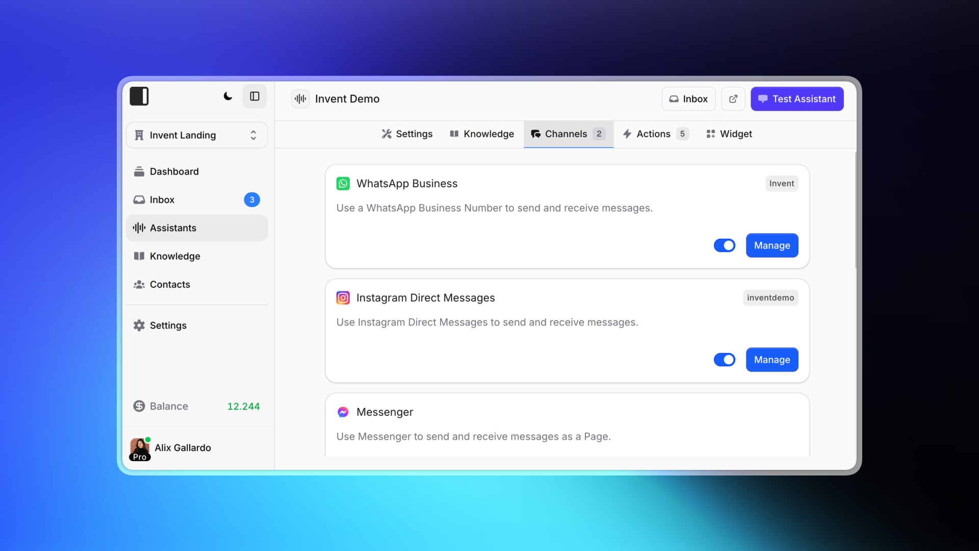 Screenshot of the "Channels" tab in the Invent Demo assistant’s settings on the Invent platform. The page shows WhatsApp Business and Instagram Direct Messages are enabled and managed, while Messenger is listed as an integration option. The left sidebar includes navigation for Dashboard, Inbox (with 3 unread messages), Assistants, Knowledge, Contacts, Settings, a visible account balance, and user profile for Alix Gallardo. Top navigation includes Settings, Knowledge, Channels, Actions, and Widget, along with Test Assistant and Inbox buttons.