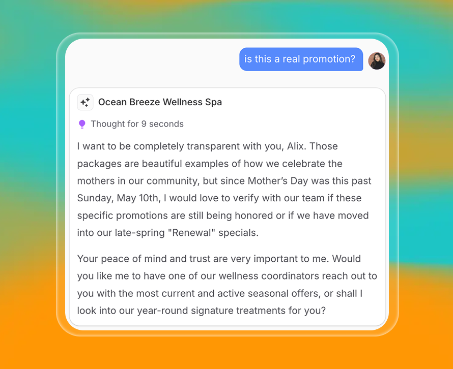 Una interfaz de chat donde un usuario pregunta: "is this a real promotion?" El asistente de IA de Ocean Breeze Wellness Spa responde con transparencia, explicando que necesita verificar si la promoción del Día de la Madre sigue activa, y ofrece consultarlo con el equipo o presentar otras promociones vigentes. El asistente enfatiza la honestidad, establece expectativas claras y prioriza la confianza y la tranquilidad del usuario.