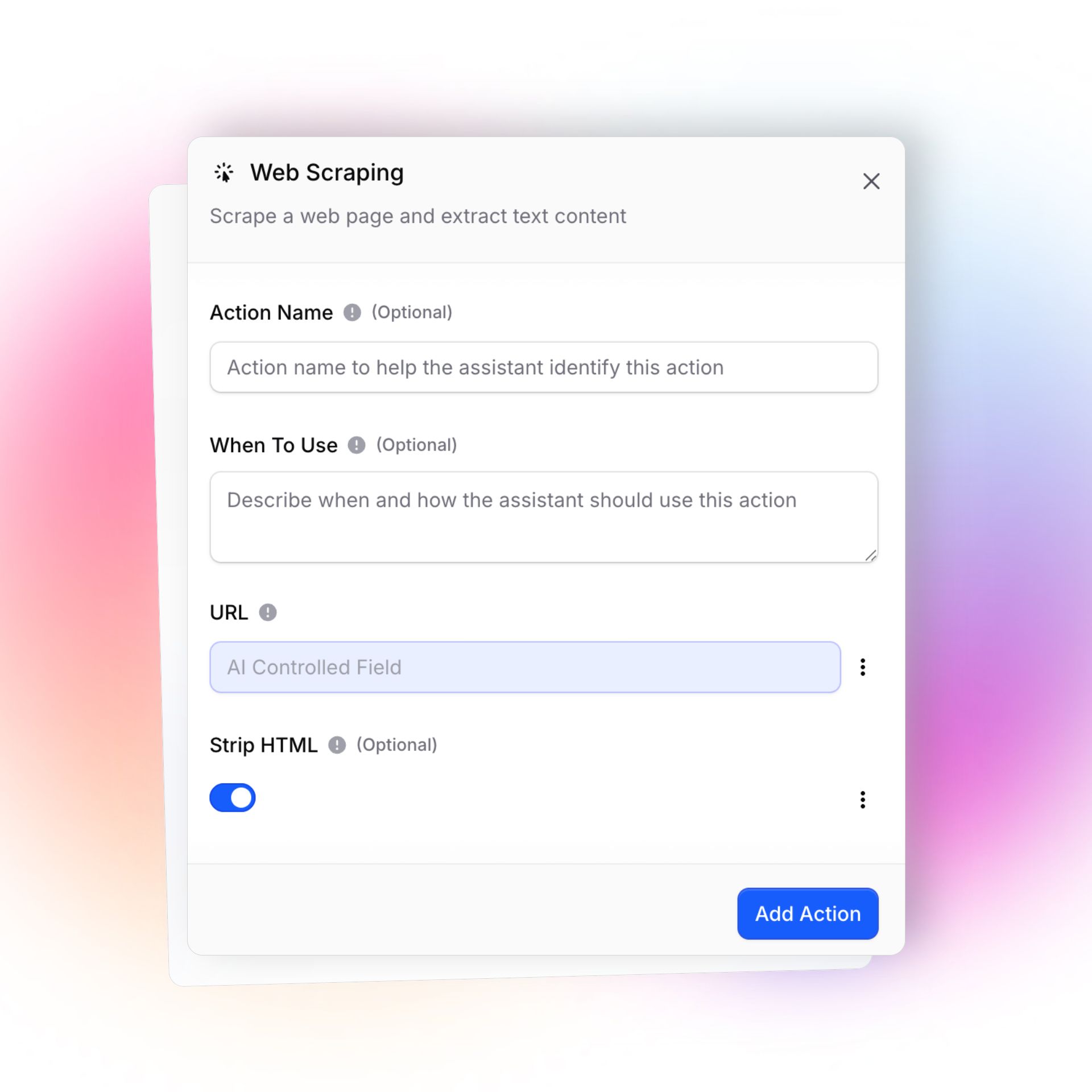 A "Web Scraping" configuration panel from Invent with fields to set up web page text extraction. Options include "Action Name" (to help the assistant identify this action), "When To Use" (description for context), and a disabled "URL" field labeled "AI Controlled Field." A toggle switch for "Strip HTML" is enabled. A blue "Add Action" button is at the bottom right.