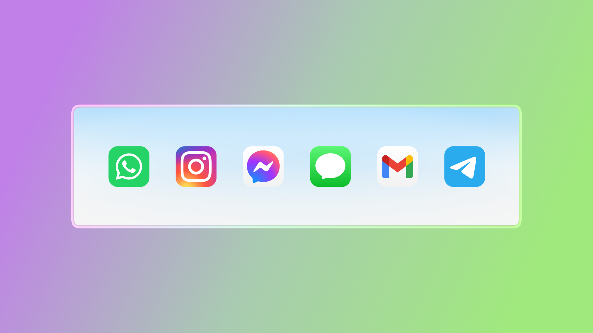 Horizontal banner showing the icons for WhatsApp (green speech bubble with phone), Instagram (multicolor camera), Messenger (purple-blue chat bubble with lightning bolt), iMessage (green chat bubble), Gmail (envelope with red and yellow M), and Telegram (blue paper plane), set against a blue and white gradient background.