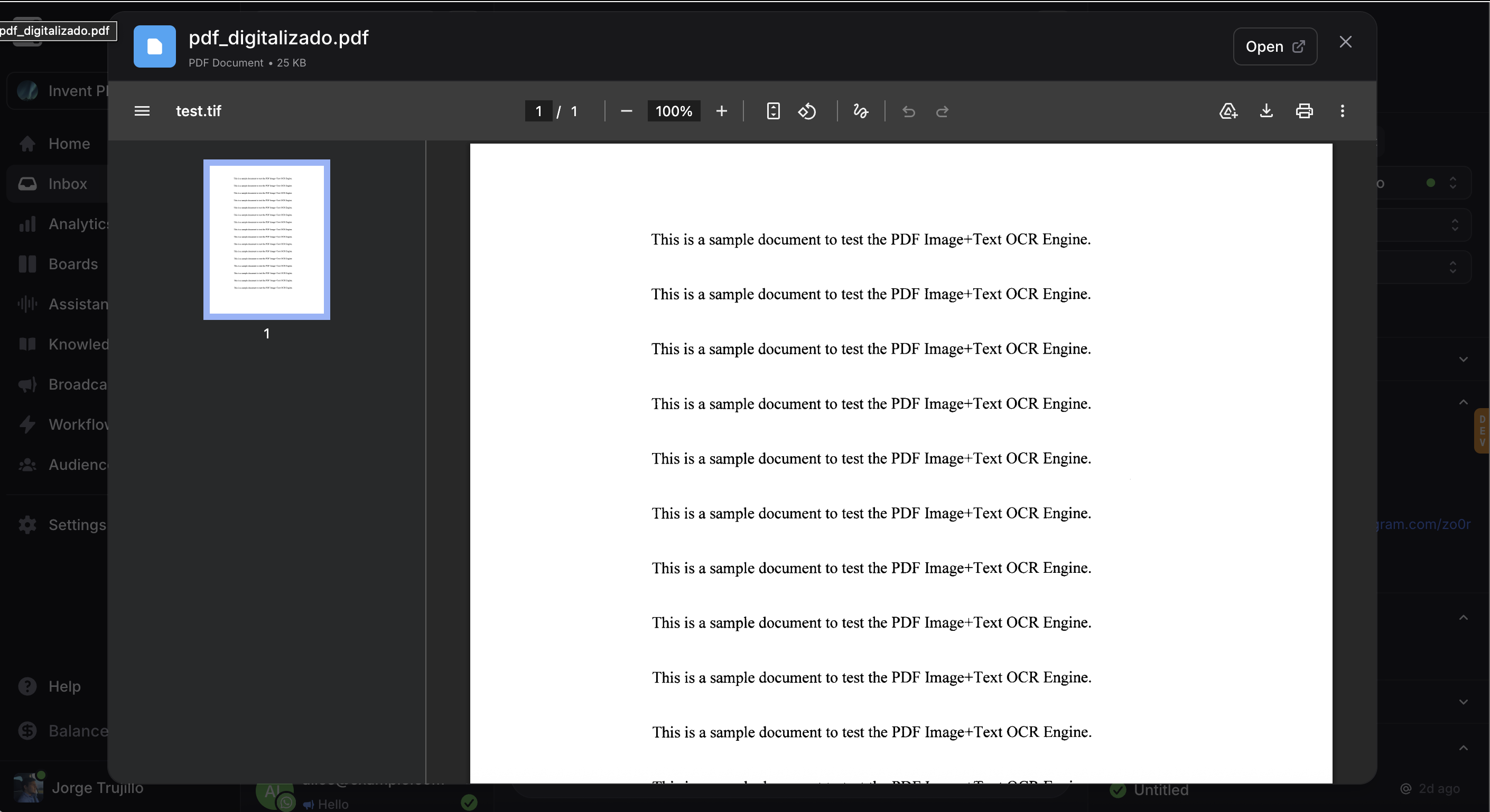 Screenshot of a PDF document preview within the Invent platform. The preview window displays a document titled “pdf_digitalizado.pdf,” showing a single page of repetitive test text: “This is a sample document to test the PDF Image+Text OCR Engine.” A sidebar on the left shows the page thumbnail, and the top bar provides PDF controls like zoom, download, print, and an “Open” link.