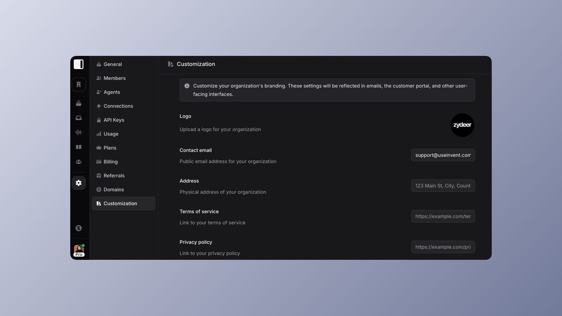 Screenshot of the Invent platform’s Customization settings, where users can upload a logo and set organization-specific details like contact email, address, terms of service, and privacy policy for white label branding across portals and emails.