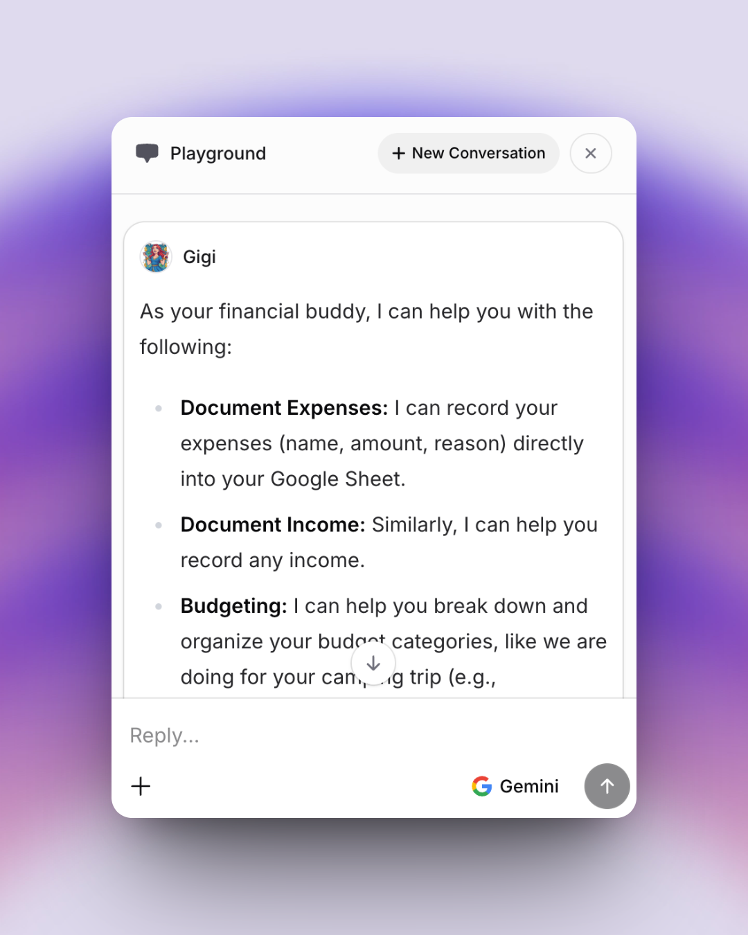 A chat interface in the Playground where the assistant, as a “financial buddy,” lists its abilities: document expenses, document income, and help with budgeting. The conversation references using Google Sheets and organizing a camping trip budget.