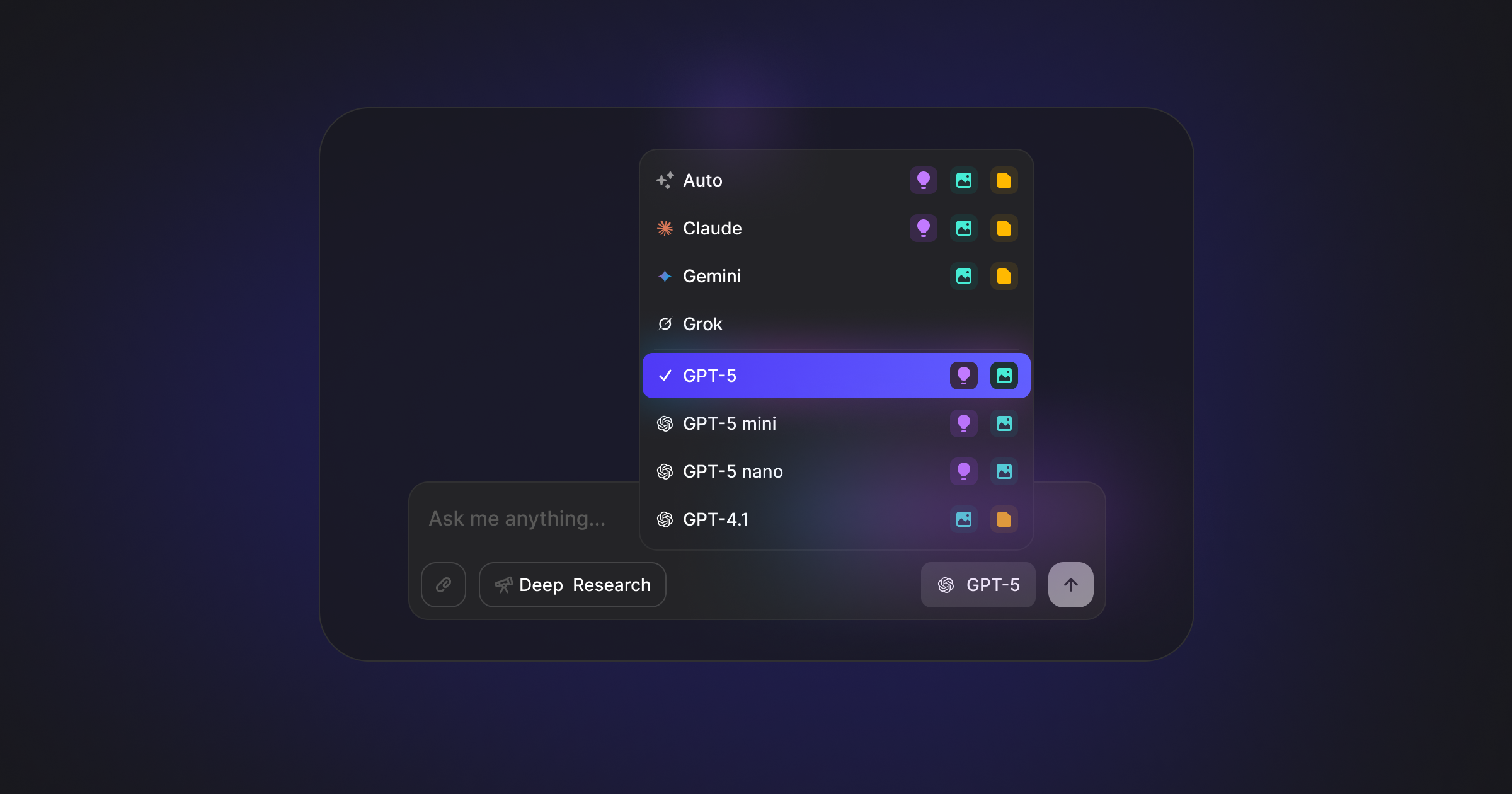 Invent's dark-themed interface displays a dropdown menu to select different AI models, including Claude, Gemini, Grok, GPT-5, GPT-5 mini, GPT-5 nano, and GPT-4.1. "GPT-5" is highlighted, with icons next to each model indicating different features. A chat input field and "Deep Research" button appear below.