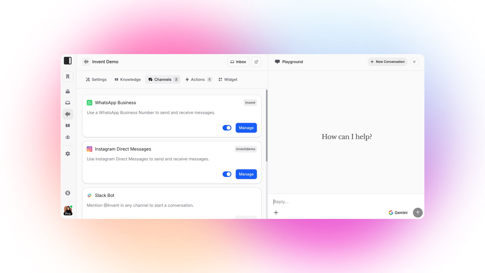 Screenshot of the Invent Demo dashboard showing the Channels section with WhatsApp Business, Instagram Direct Messages, and Slack Bot integration options. WhatsApp Business and Instagram Direct Messages toggles are switched on, with "Manage" buttons active.