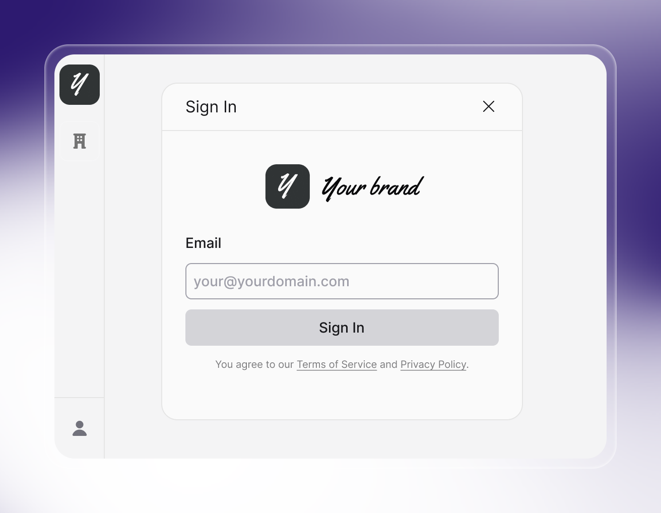 Custom-branded Invent sign-in page in a dashboard, displaying a logo, "Your brand", and an email input field. The design uses the client’s logo and branding, reinforcing a whitelabel experience. Sidebar menu icons are visible on the left.