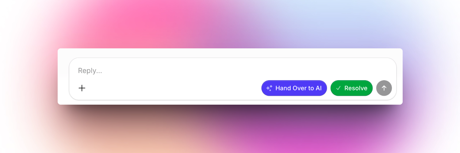 A chat reply input bar. On the left is a "+" icon for attachments, and a placeholder text "Reply...". On the right, there are two prominent buttons: a purple "Hand Over to AI" button with sparkles, a green "Resolve" button with a checkmark, and a gray circular send (up-arrow) button.
