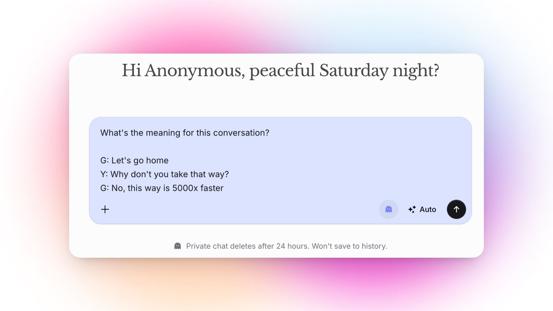 A chat interface with a welcoming text at the top: "Hi Anonymous, peaceful Saturday night?" Below is a light blue chat bubble displaying a conversation analysis prompt: "What's the meaning for this conversation?" followed by a short dialogue:  G: Let's go home Y: Why don't you take that way? G: No, this way is 5000x faster In the lower right of the chat bubble are icons for ghost mode (private chat), auto features, and a send button. Below the chat bubble, there is a note: "Private chat deletes after 24 hours. Won't save to history."