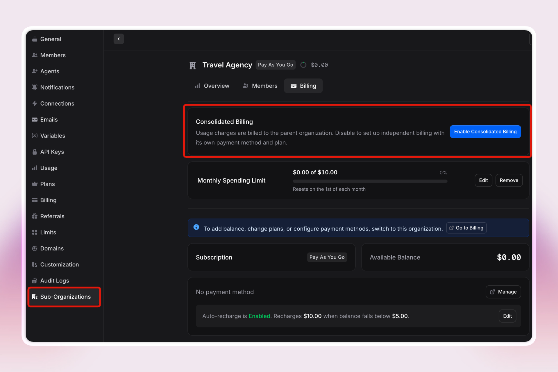 Invent dashboard displays the “Sub-Organizations” and “Billing” sections for a Travel Agency account, highlighting the “Consolidated Billing” feature. The interface notes that usage charges are billed to the parent organization, with the option to enable or manage this setting. The sidebar includes key navigation links like Members, Billing, Plans, and Sub-Organizations, all styled on a soft pink background.