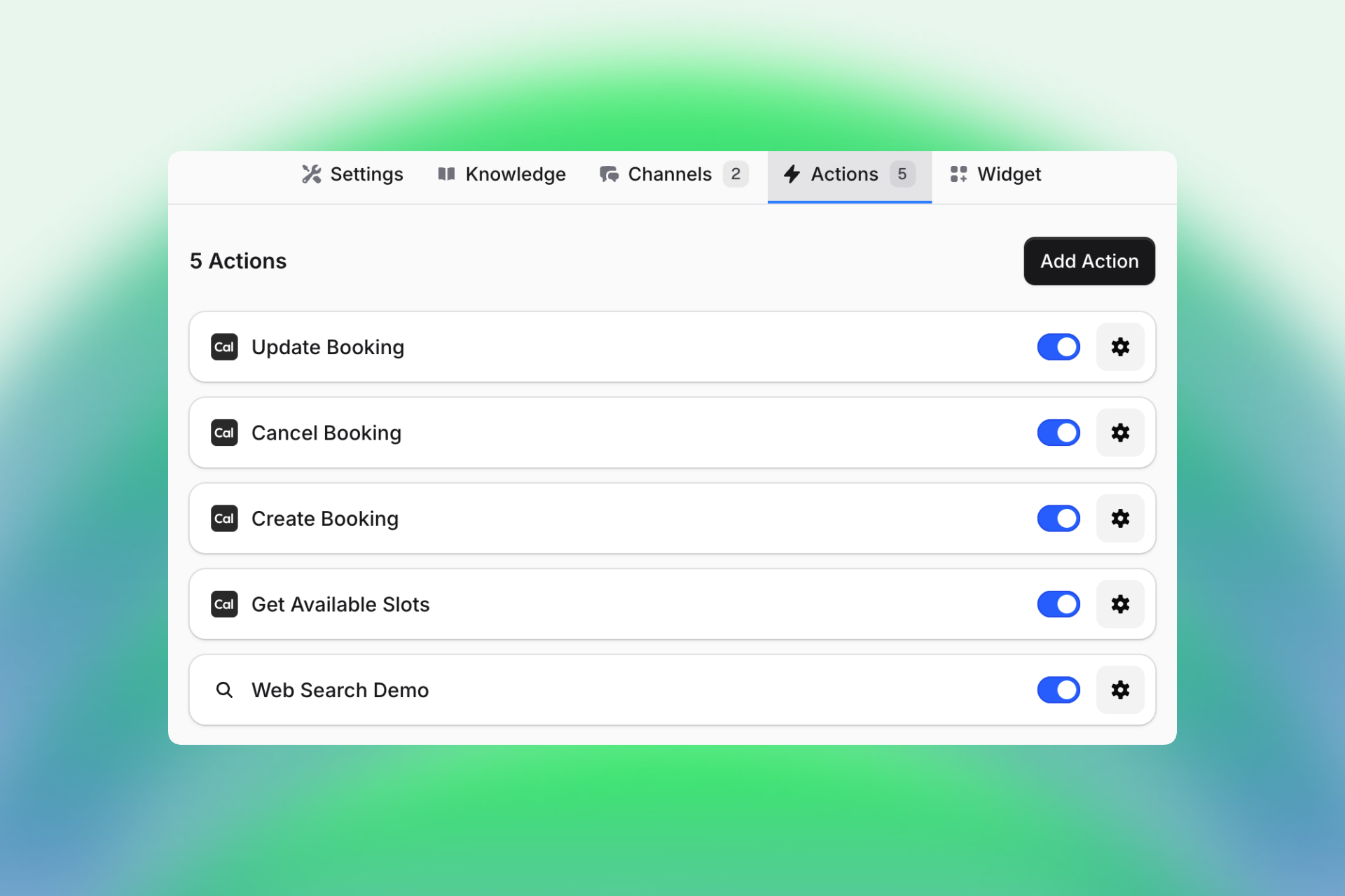 Screenshot of the "Actions" tab in the Queens Hair Salon assistant settings. The list shows five actions: Update Booking, Cancel Booking, Create Booking, Get Available Slots, and Web Search Demo. Each action has a toggle switch (all enabled) and a settings gear icon. Top navigation shows tabs for Settings, Knowledge, Channels, Actions, and Widget.
