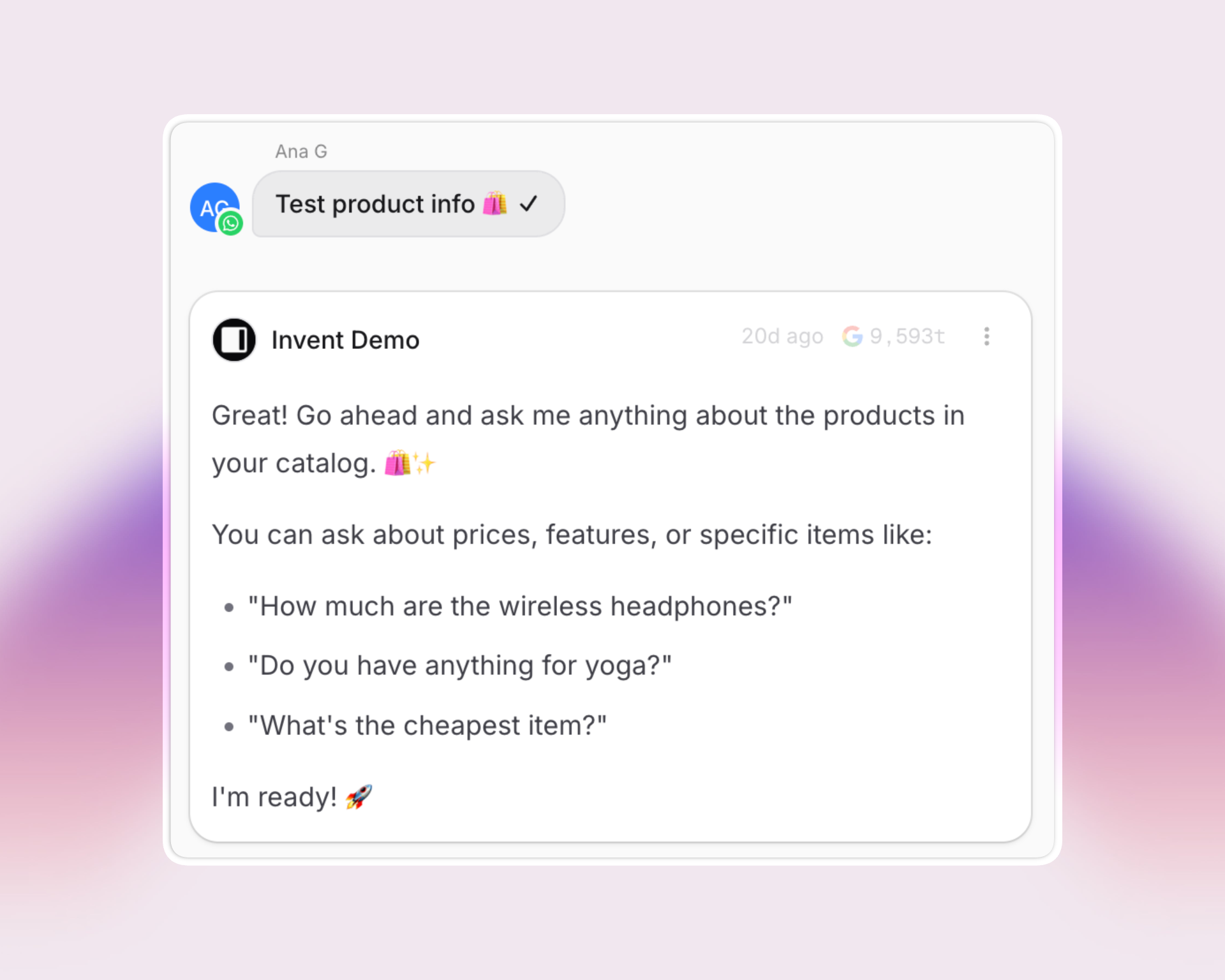 Screenshot of an Invent chat conversation. The contact name “Ana G” appears at the top for context. The chat displays the user’s message “Test product info 🛍️✓” and a bot response from “Invent Demo” listing example questions about a product catalog, such as price, product types, and cheapest items, with friendly emojis.