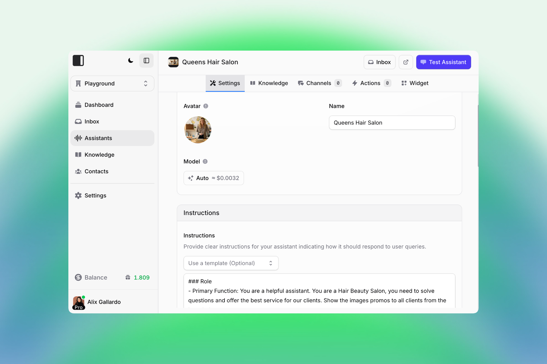 Screenshot of the Invent platform's assistant settings for "Queens Hair Salon." The interface displays the avatar (a woman in a salon), assistant name, AI model cost, and a section for providing detailed instructions on how the assistant should handle client queries. A sidebar shows navigation options like Playground, Dashboard, Inbox, and more.