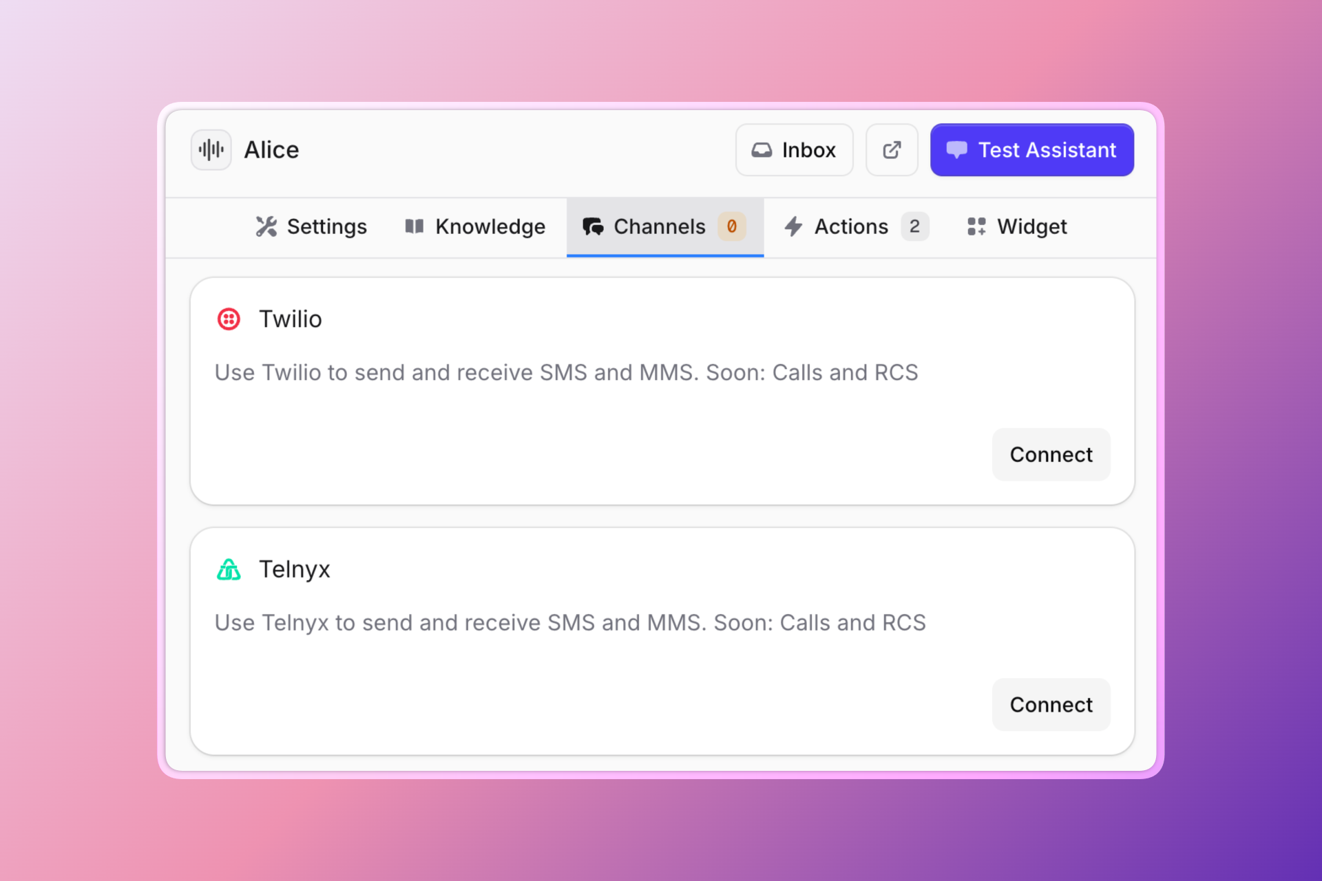 Invent interface of a web interface titled “Alice,” with a focus on the “Channels” tab. It lists Twilio and Telnyx integrations. Both display icons and descriptions: “Use Twilio/Telnyx to send and receive SMS and MMS. Soon: Calls and RCS,” with a “Connect” button next to each. Interface has a soft pink and purple gradient background.