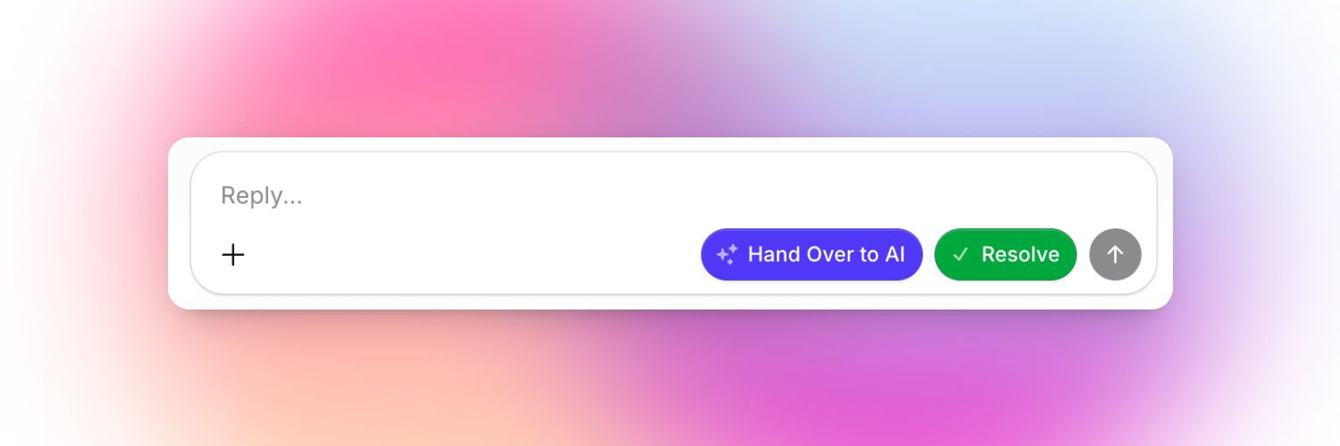 A chat reply input bar with the placeholder "Reply..." on the left. Below is a "+" icon for adding attachments. To the right are two main buttons: a purple "Hand Over to AI" button with sparkle icons, a green "Resolve" button with a checkmark, and a gray up-arrow (send) button.