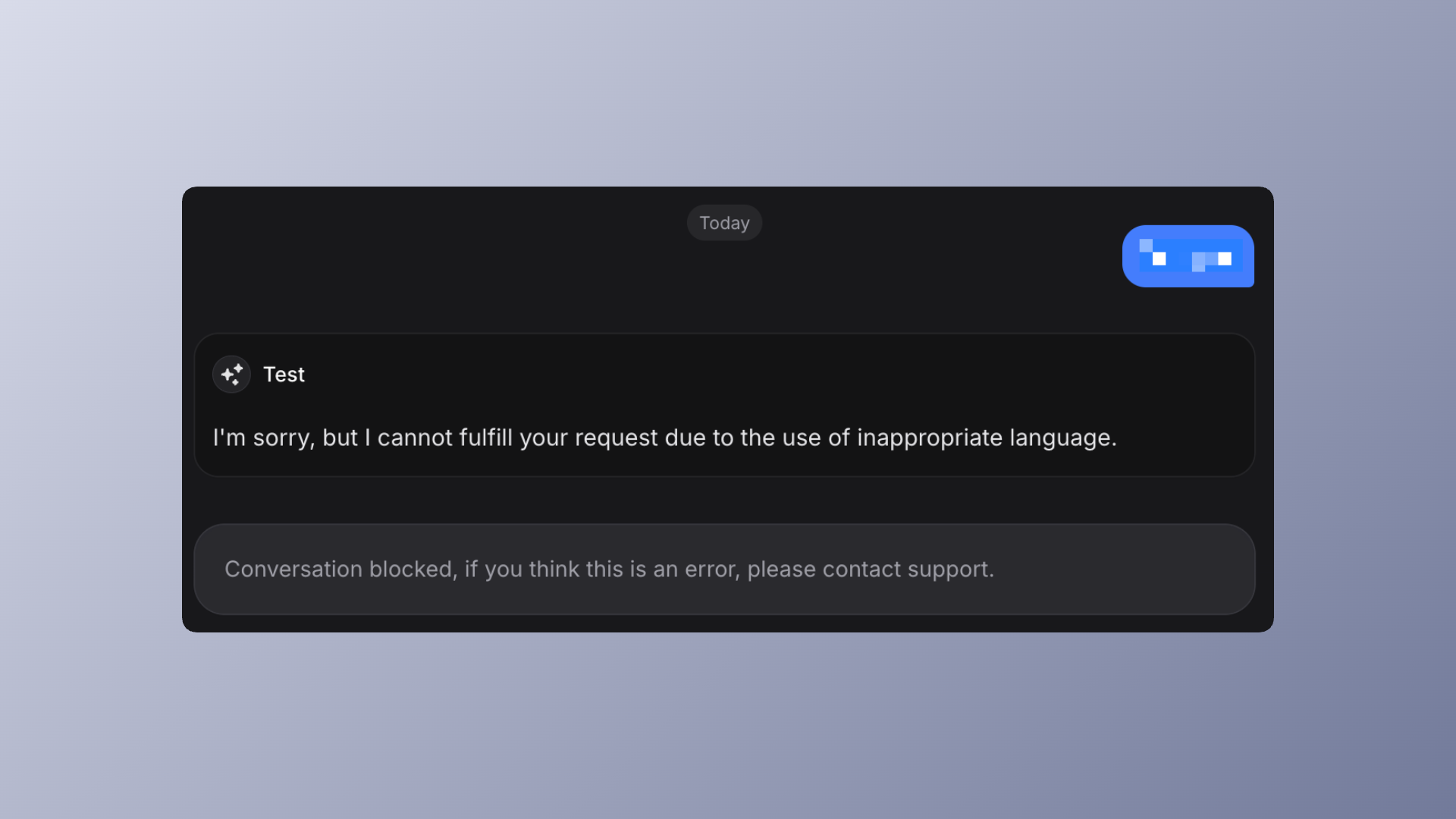 Screenshot from Invent Assistant chat widget showing an automated response declining a request because of inappropriate language, and a gray banner indicating the conversation is blocked with instructions to contact support if it’s an error.