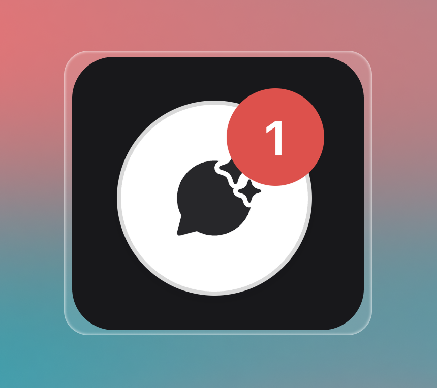 Chat bubble by Invent and sparkle in the center, overlaid with a prominent red notification badge showing the number “1.” The background features a soft gradient from coral red to teal blue.