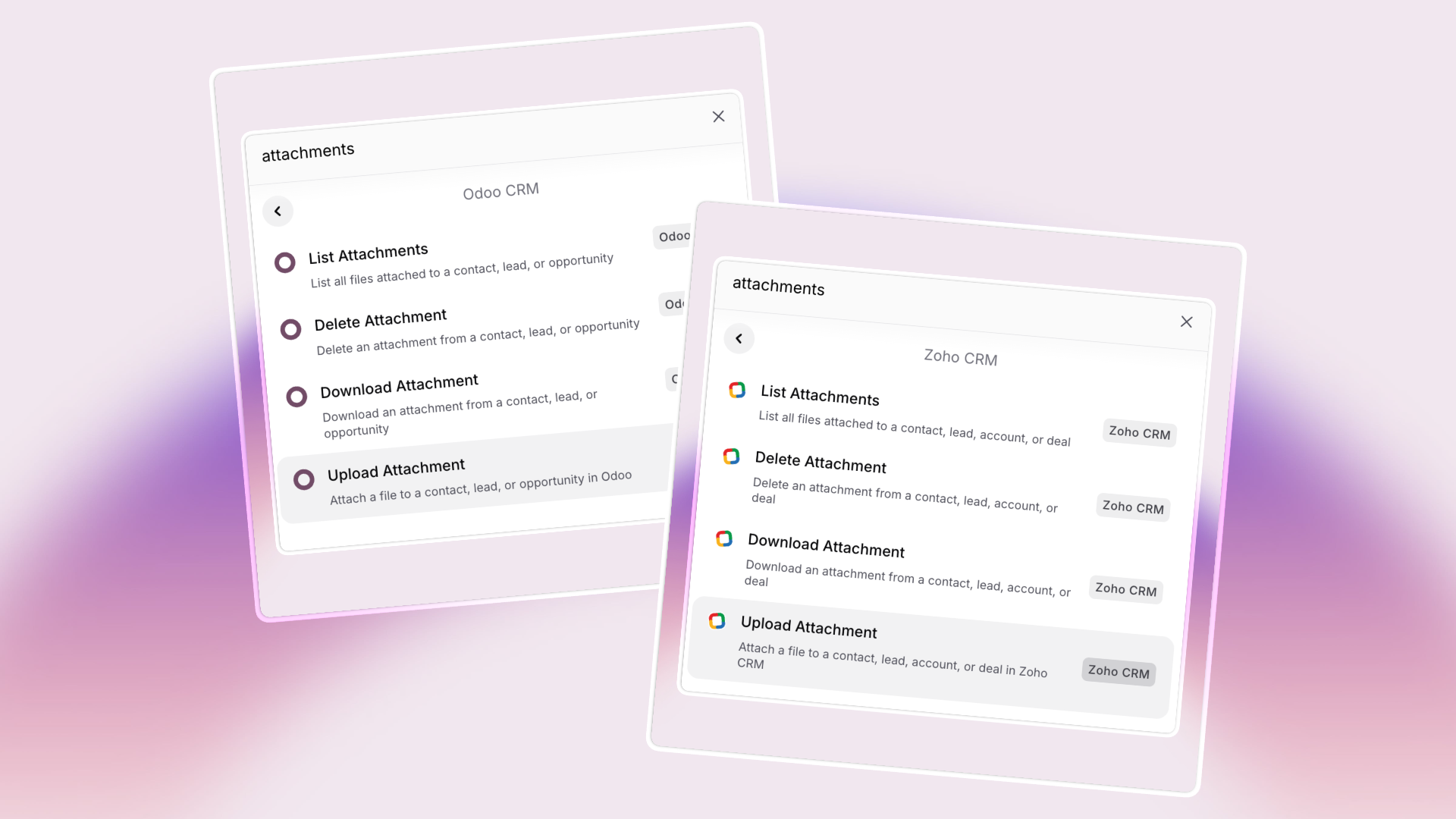 Side-by-side panels showing the attachments menu for Odoo CRM and Zoho CRM within Invent. Both panels list options to list, delete, download, and upload attachments related to contacts, leads, accounts, or opportunities. The design has a modern, translucent card look with a soft purple gradient background.