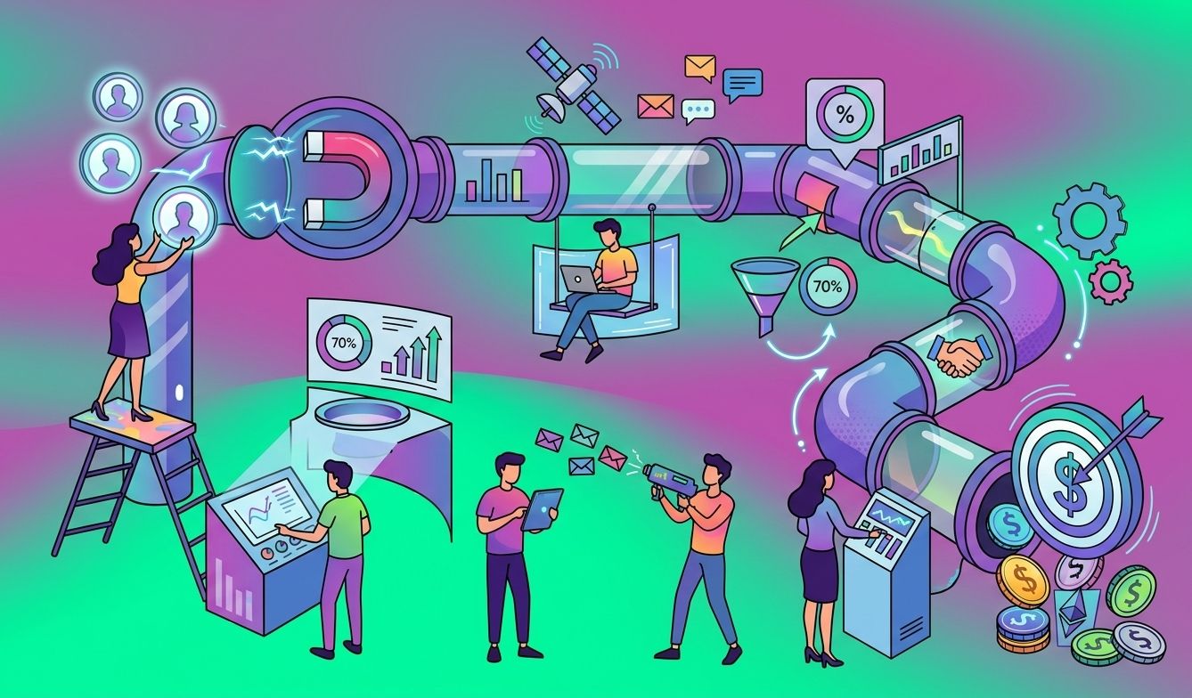A vibrant animated illustration of a sales pipeline: People interact with a giant tube, starting on the left where leads (user icons) are attracted by a magnet and entered into the pipeline. Inside, people analyze data, send emails, monitor progress, and use tools to move leads forward. Along the pipeline, icons represent analytics, communication, funnel stages, negotiations, and deal closing. The right side ends with a handshake, a bullseye (target) with a dollar sign, and stacks of coins, representing successful conversions and revenue. The background is a blend of purple, pink, and green, creating a tech-savvy, dynamic feel by Nano Banana 2.