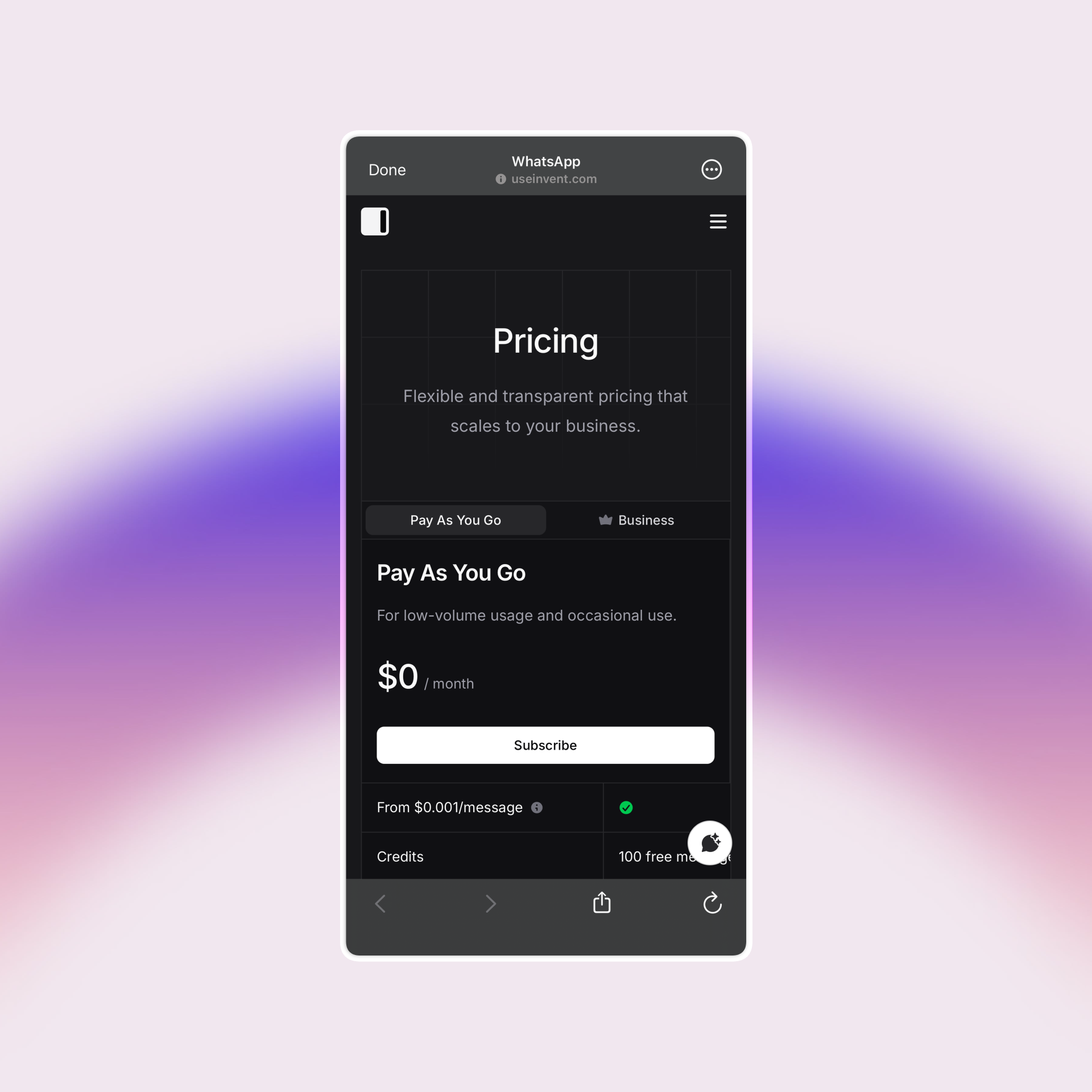 Mobile screenshot of Invent’s pricing page viewed inside a WhatsApp in-app browser. The page features a dark theme, clear “Pricing” heading, and options for “Pay As You Go” and “Business” plans. The selected “Pay As You Go” section highlights $0/month pricing, a white “Subscribe” button, and a note about 100 free credits for new users.