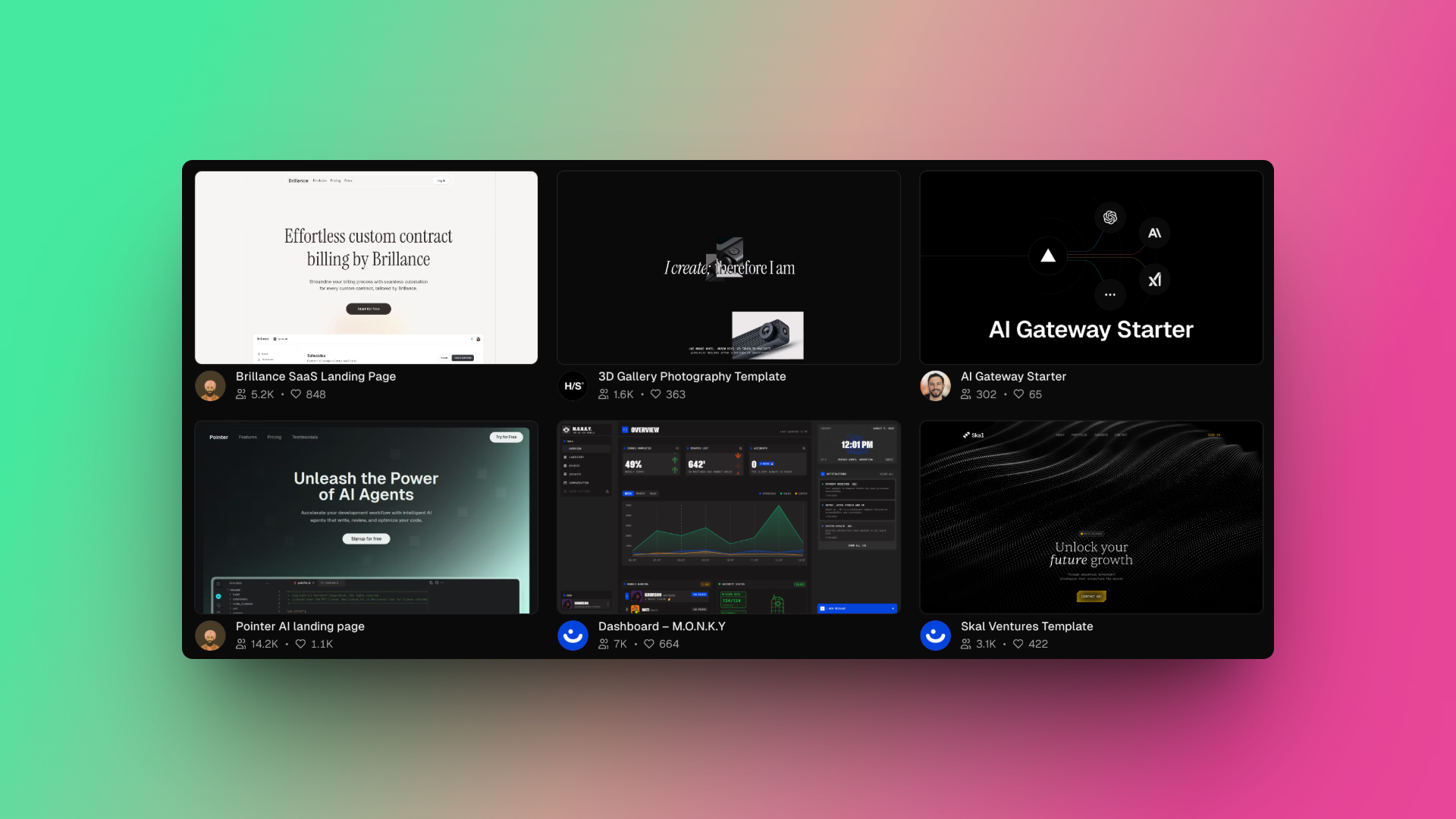 A dark-themed gallery displaying six website or dashboard templates, each representing a different product or MVP. Examples include landing pages for SaaS, AI agents, a 3D photo gallery, a startup dashboard, and a venture/portfolio site. Each card highlights a visual, product name, and engagement stats.