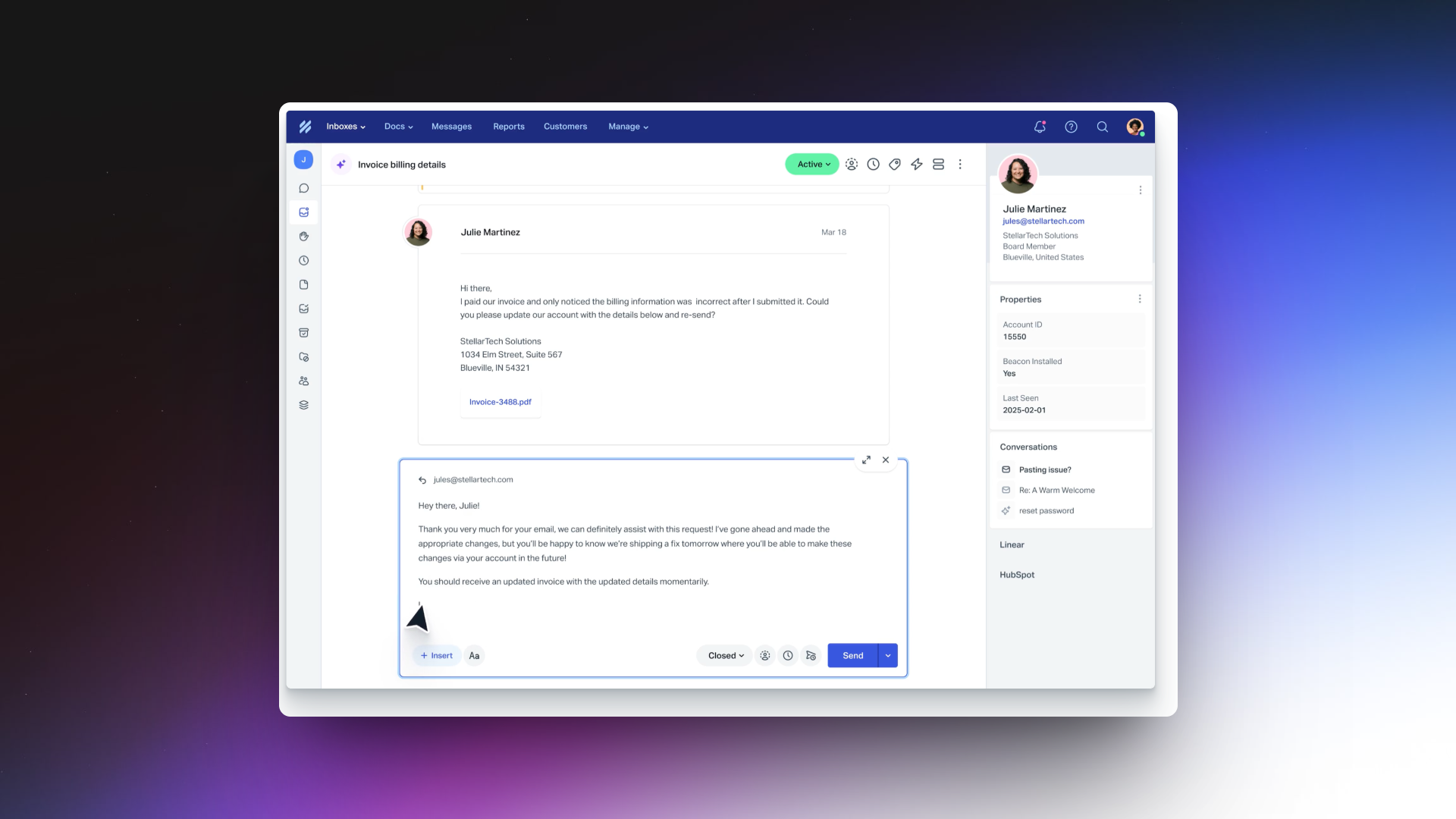 A screenshot of the HelpScout interface in a desktop view. The main panel displays an open conversation titled "Invoice billing details" with user Julie Martinez. Her email requests an update to billing information and includes an invoice PDF. The reply window below shows a draft response assuring her the account details will be updated and a new invoice sent soon. The left sidebar contains navigation icons (Inbox, Docs, Messages, Reports, Customers, Manage), and the top bar shows options for Docs, Messages, and customer management. The right sidebar lists Julie’s contact details, properties (Account ID, Beacon Installed, last seen date), and related conversation history.