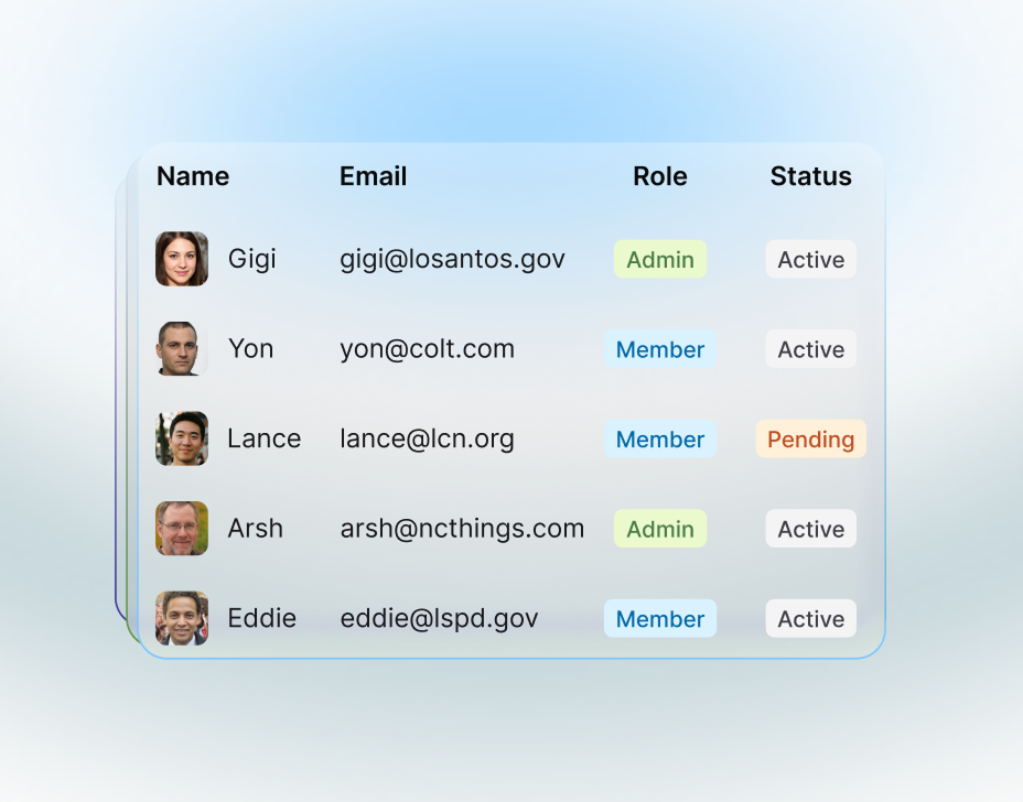 A table with a blue gradient background displays Invent's example user information in columns: Name (with profile photos), Email, Role (Admin or Member), and Status (Active or Pending). Five users are listed, with various roles and status tags in different colors. 