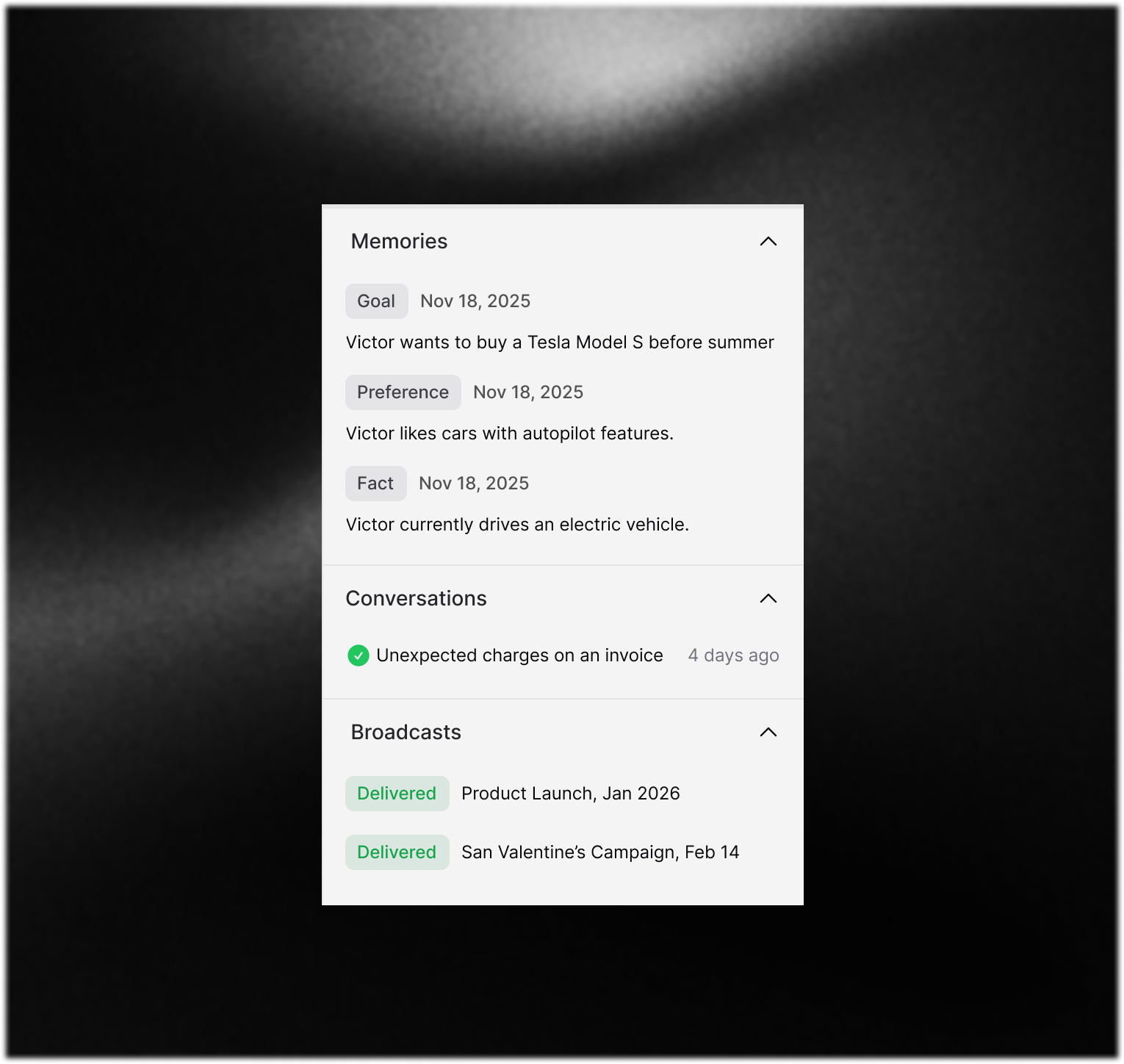 A digital dashboard from Invent's "Know your customers" (insights) feature displays customer information divided into three sections: Memories (with goals, preferences, and facts about a customer named Victor, including intentions to buy a Tesla, interest in autopilot, and currently driving an electric vehicle), Conversations (shows a recent issue about unexpected charges), and Broadcasts (status of product launch and a Valentine's campaign).