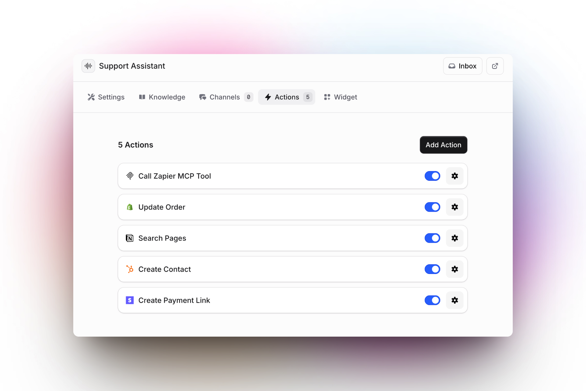 Screenshot of the Invent Assistants interface actions dashboard in the Invent platform. The interface lists 5 enabled actions, each with an on/off toggle switch and a settings gear icon: Call Zapier MCP Tool, Update Order (Shopify icon), Search Pages (Notion icon), Create Contact (HubSpot icon), and Create Payment Link (Stripe icon). An "Add Action" button is at the top right.