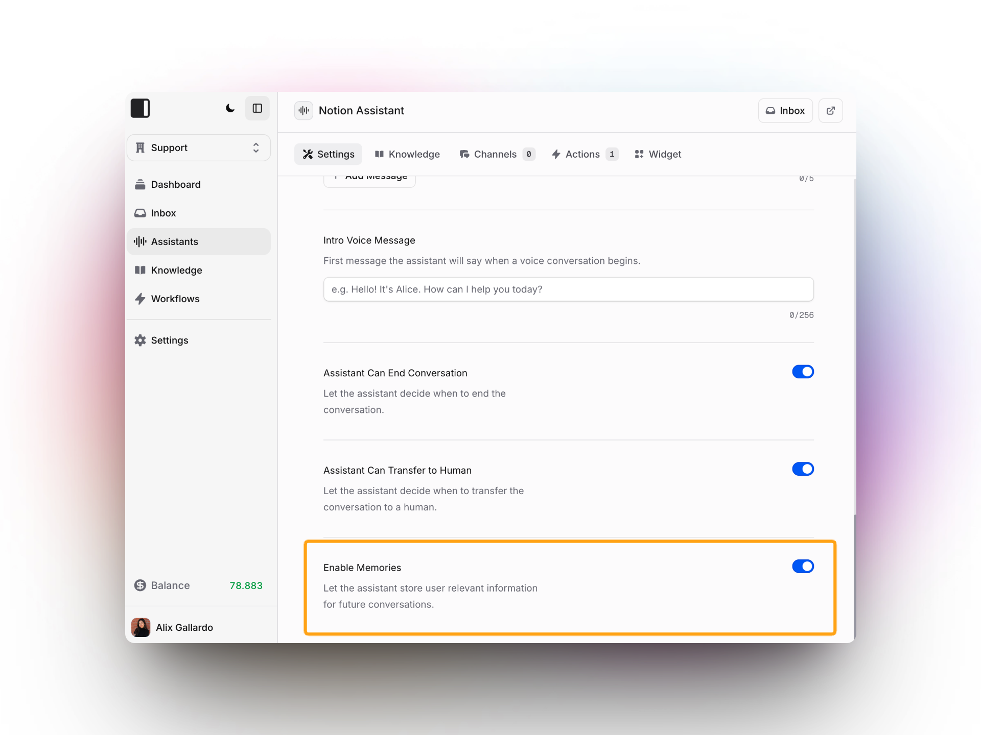 Screenshot of the Invent platform's assistant settings page. The "Enable Memories" option is highlighted in orange and toggled on. This option allows the assistant to store user-relevant information for future conversations. Other options include settings for ending conversations and transferring to a human. The sidebar shows navigation links for Dashboard, Inbox, Assistants, Knowledge, Workflows, and Settings.