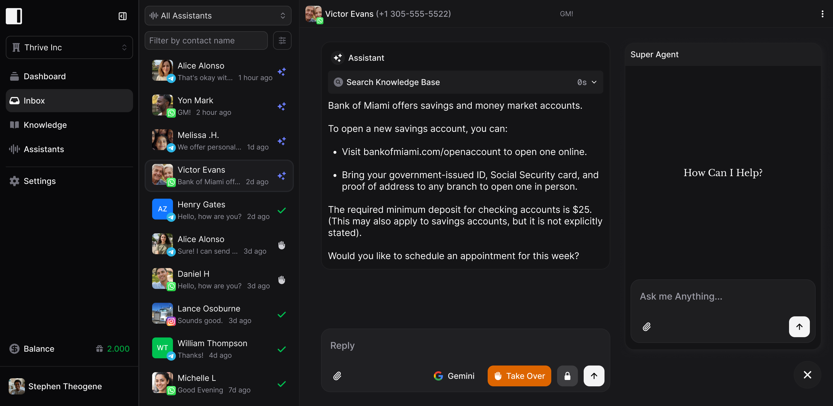Invent's Assistants Inbox shows a dark-themed interface with a sidebar featuring navigation options like Dashboard, Inbox, Knowledge, Assistants, and Settings. The main section displays chat conversations with contacts, including recent messages. The selected chat is with Victor Evans, where an assistant provides information about opening a savings account at the Bank of Miami. A side panel says "How Can I Help?" with a field to type a new message.