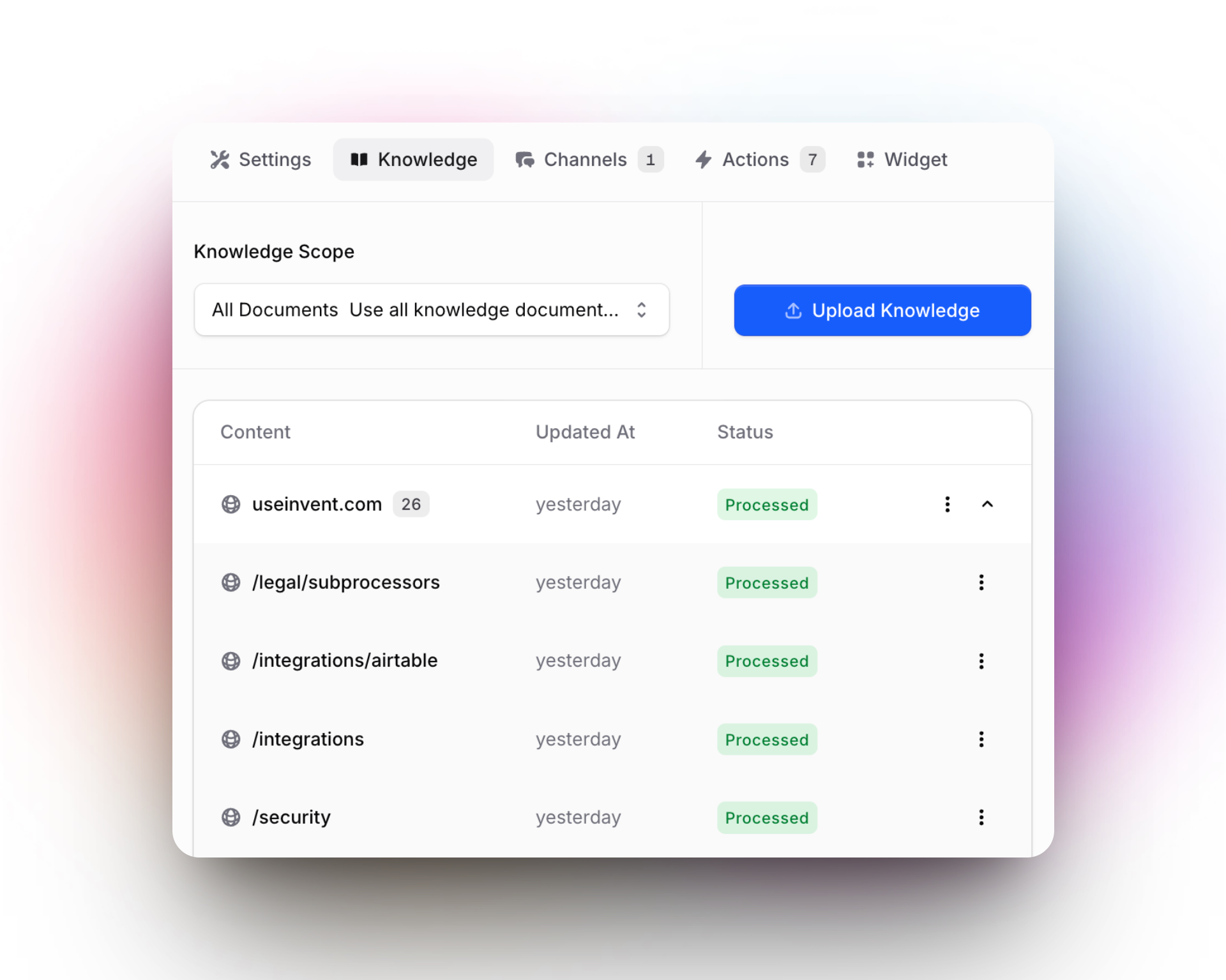 A dashboard view under the “Knowledge” tab shows uploaded website content and its processing status. The table lists several URLs (like useinvent.com, /legal/subprocessors, /integrations/airtable) with their status marked as “Processed” in green and last updated “yesterday.” A prominent blue “Upload Knowledge” button is visible at the top.