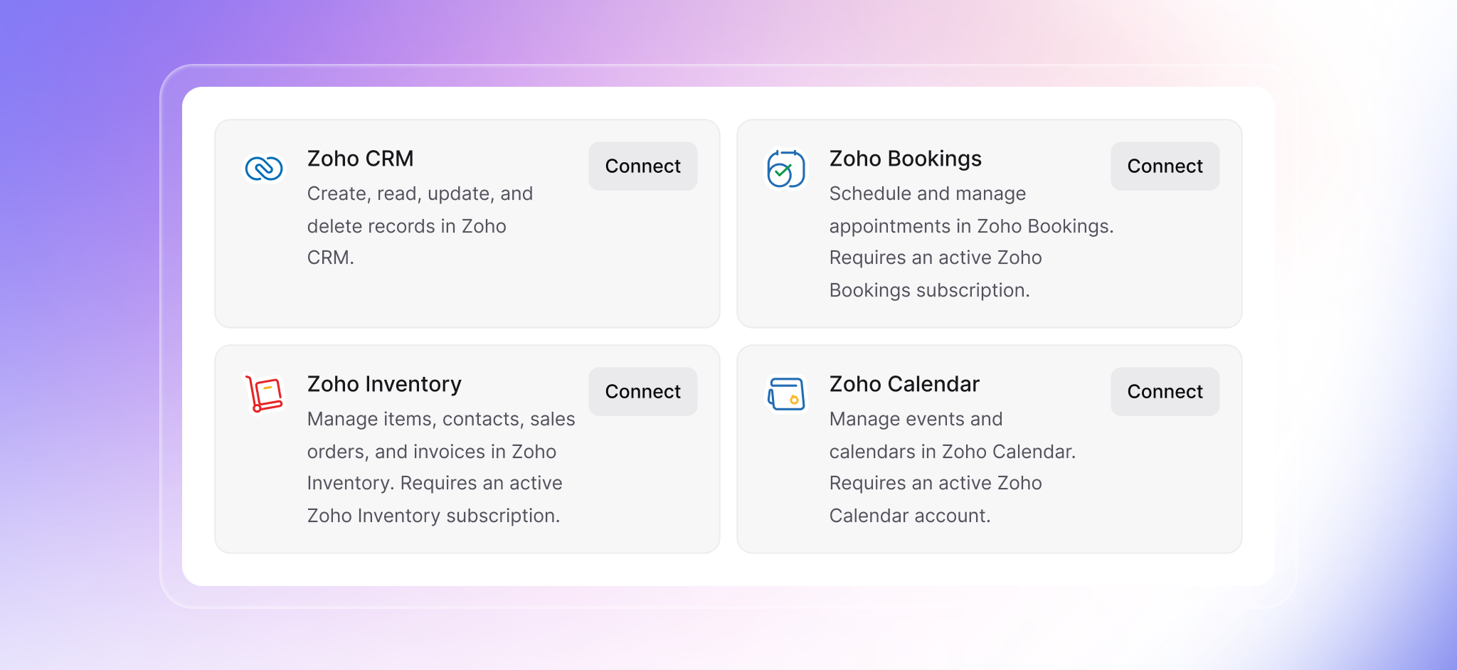 A section of Invent’s integrations interface shows four Zoho apps: Zoho CRM (for creating, reading, updating, and deleting records); Zoho Bookings (to schedule and manage appointments with a Zoho Bookings subscription); Zoho Inventory (managing items, contacts, sales orders, and invoices with an active subscription); and Zoho Calendar (managing events and calendars with an active account). Each card features a distinctive Zoho app icon and a “Connect” button, all on a gradient purple and pink background.