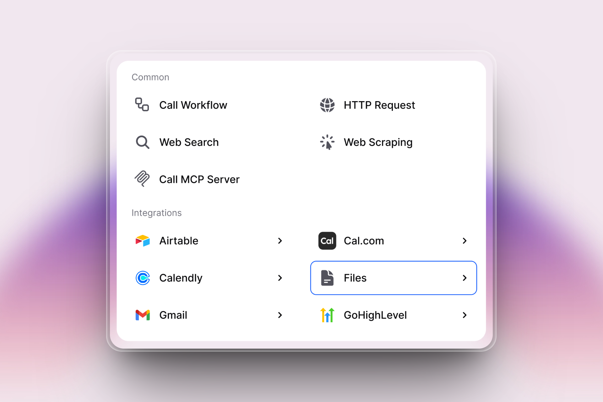 A modern UI card displays a list of file-related automation actions within the Invent platform: “Create CSV,” “Create PDF from HTML,” and “Download File.” Each action appears with a document icon, description, and a “Files” button. The card sits on a soft pink-to-purple gradient background.
