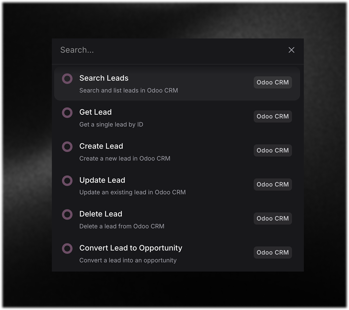 Screenshot of Invent’s integration panel displaying Odoo CRM automation actions. Options include: “Search Leads,” “Get Lead,” “Create Lead,” “Update Lead,” “Delete Lead,” and “Convert Lead to Opportunity.” Each action has a description and is tagged “Odoo CRM.” The interface uses a dark theme with a focus on quick CRM task automation for useinvent.com users.