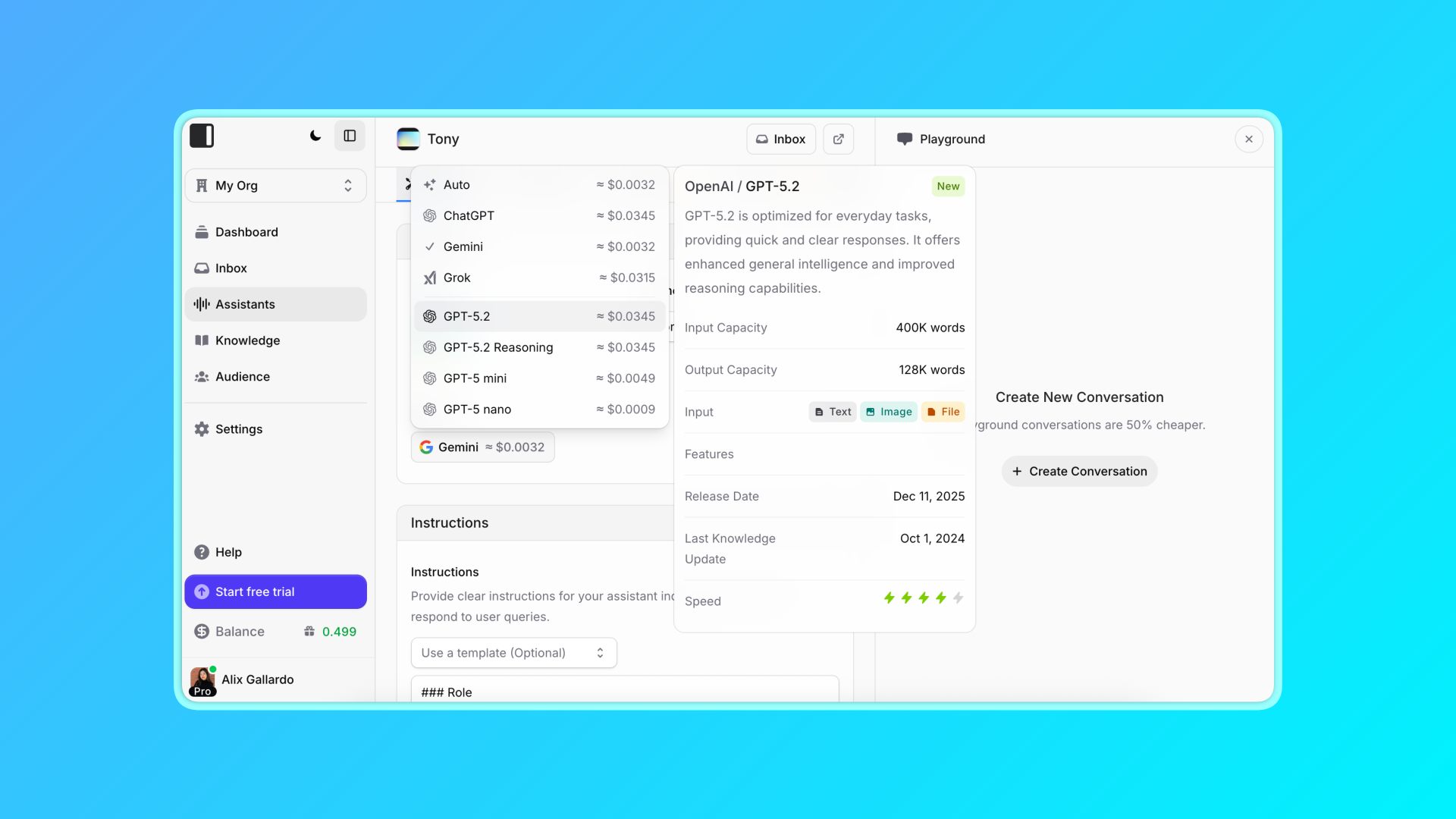 Invent interface displaying a dropdown menu of various AI models (including GPT-5.2, Gemini, ChatGPT, Grok) available for selection, with descriptions, pricing, and feature details highlighted, showcasing the flexibility to choose different AI models for your assistant.