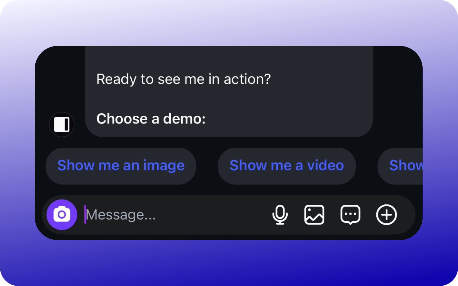 A mobile chat interface showing quick reply buttons with options like 'Show me an image' and 'Show me a video', illustrating automated conversational responses for Instagram and Facebook