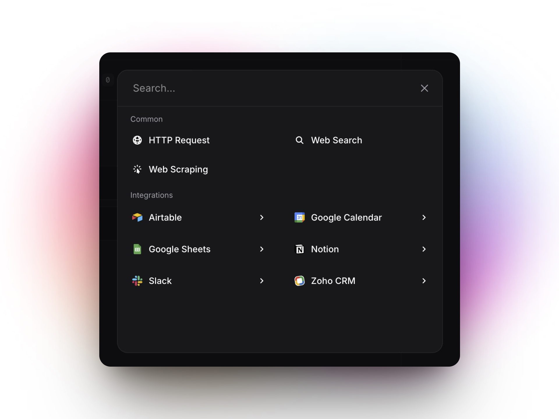 A dark-themed pop-up menu from Invent with a search bar at the top, showing integration options and tools. Common tools listed are HTTP Request, Web Scraping, and Web Search. Below, under "Integrations," options include Airtable, Google Sheets, Slack, Google Calendar, Notion, and Zoho CRM. Each integration has its logo, and the pop-up is set against a softly blurred pink and purple background.