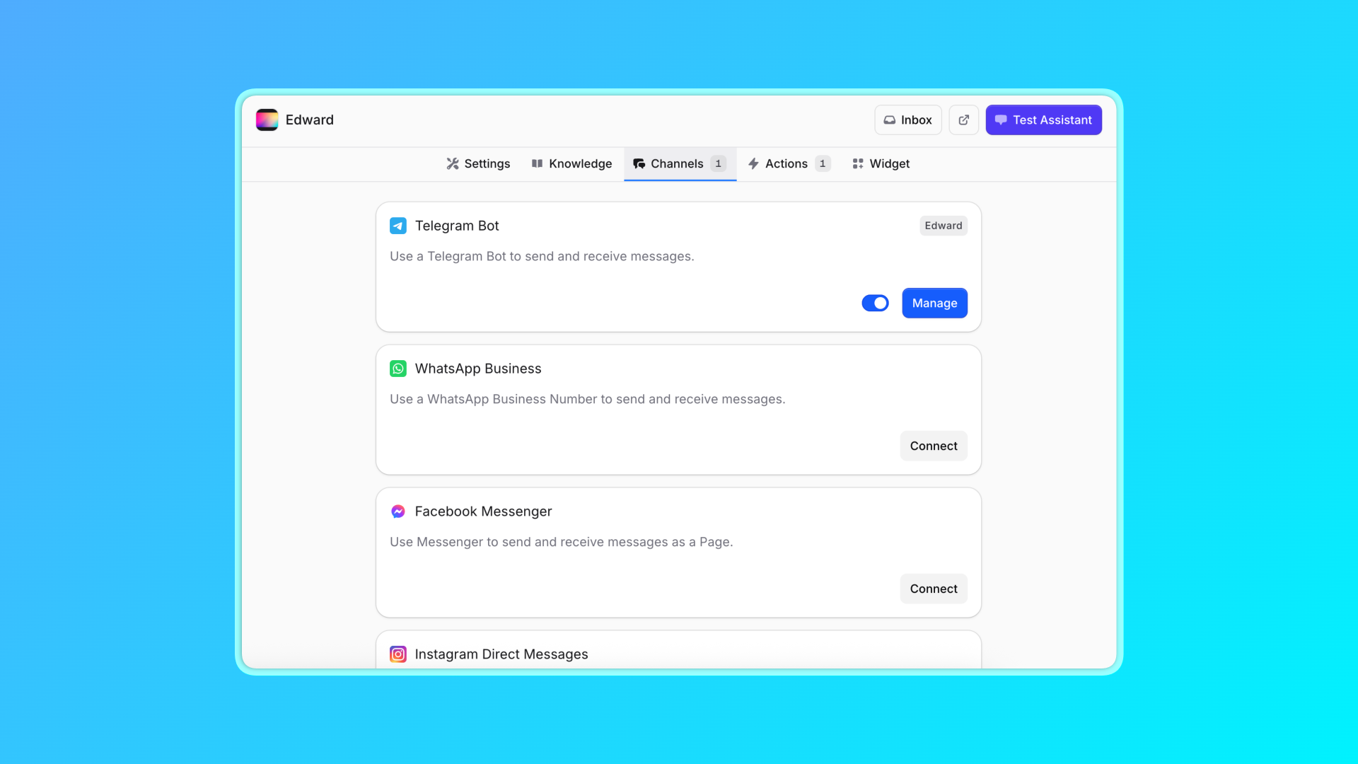 Invent is highlighting the interface for connecting an AI assistant to multiple communication channels, including Telegram, WhatsApp Business, Facebook Messenger, and Instagram Direct Messages, with options to manage or connect each channel.