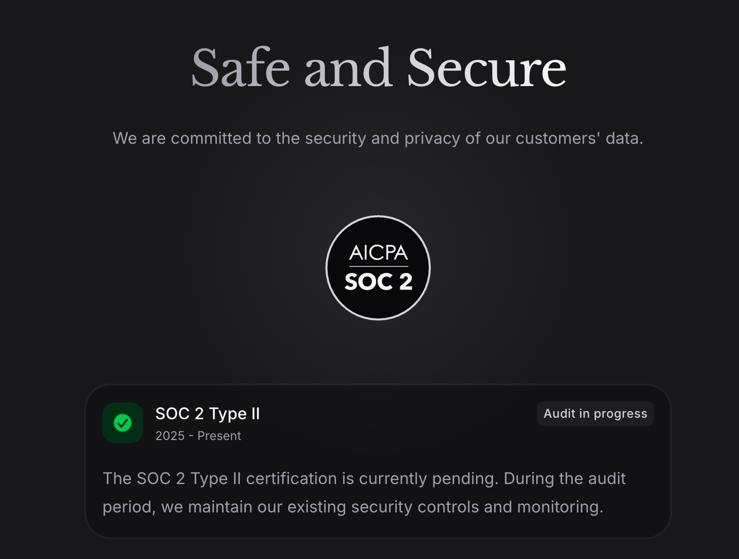 Invent's dark background displays "Safe and Secure" with a message about commitment to customer data privacy. The center features an AICPA SOC 2 badge. Below is a box stating "SOC 2 Type II, 2025 - Present, Audit in Progress" and notes that certification is pending while security controls are maintained.