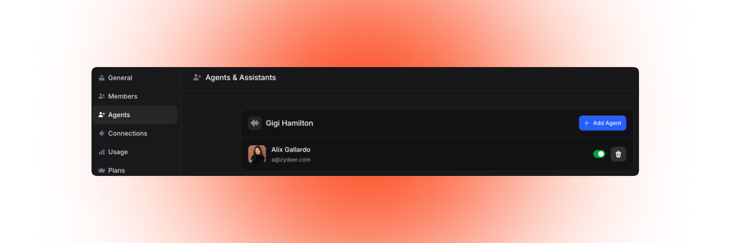 Agents & Assistants settings page showing a voice agent named Gigi Hamilton and a user, Alix Gallardo, listed under Agents with an enabled status toggle and an Add Agent button.
