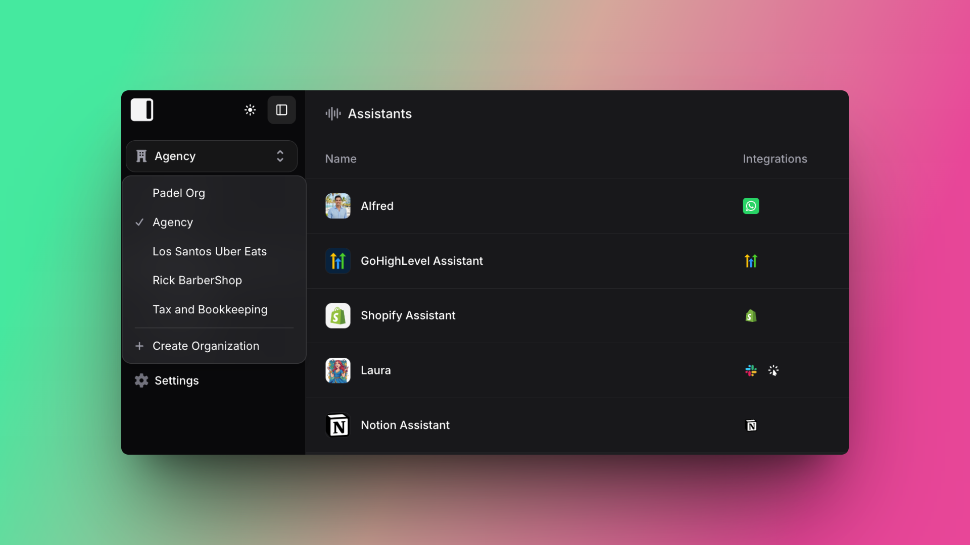 A dark-mode dashboard from Invent showing an "Organization" dropdown menu (several org names and a “Create Organization” option) on the left. The main panel lists AI assistants by name (Alfred, GoHighLevel Assistant, Shopify Assistant, Laura, Notion Assistant) with matching integration icons (WhatsApp, growth arrows, Shopify, Slack, Notion).