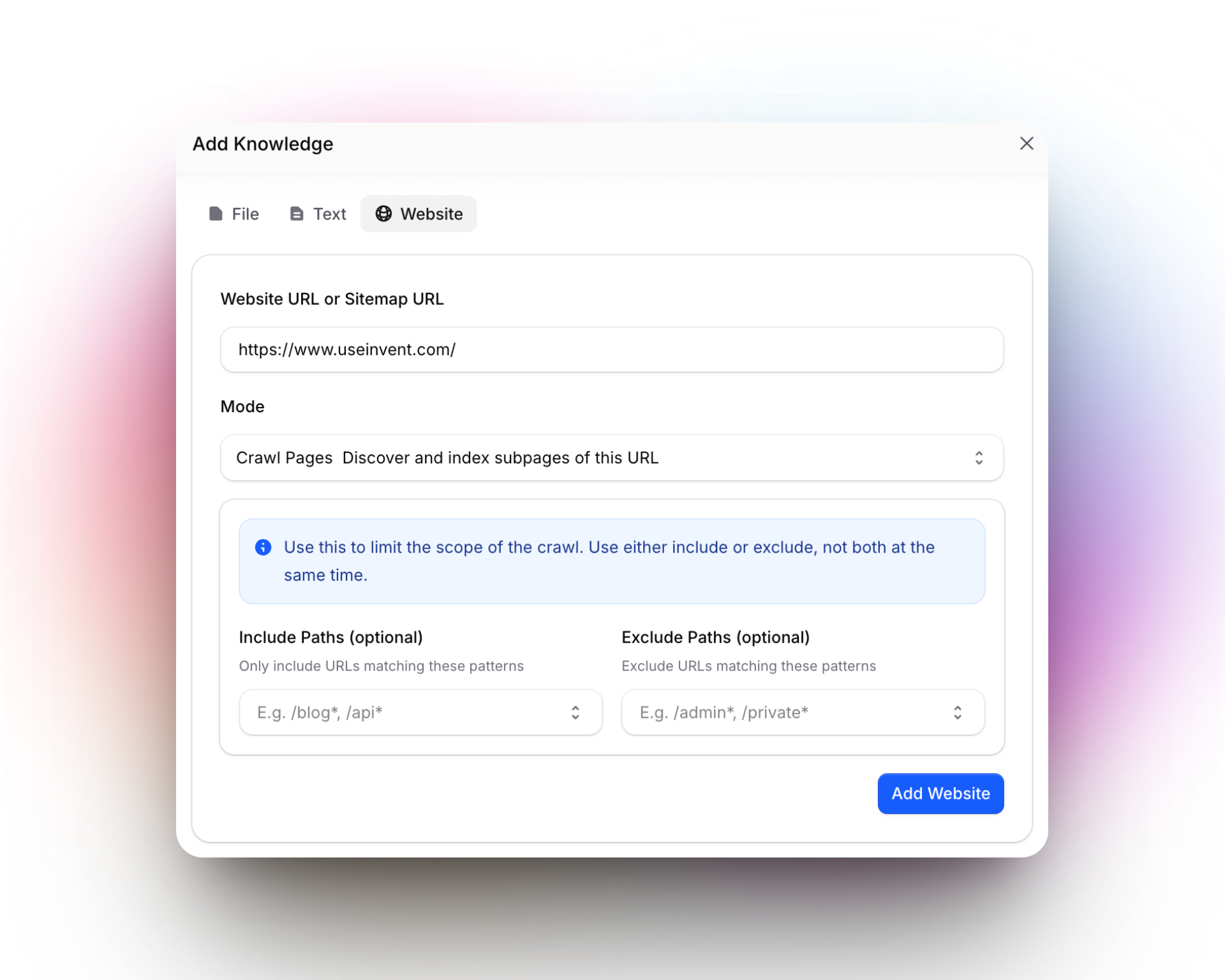A modal dialog titled "Add Knowledge" with the Website tab selected. The user has entered "https://www.useinvent.com/" as the Website URL. The mode is set to "Crawl Pages," allowing discovery and indexing of subpages. Additional fields allow the user to include or exclude paths to limit the scope of the crawl, and there is a blue "Add Website" button.