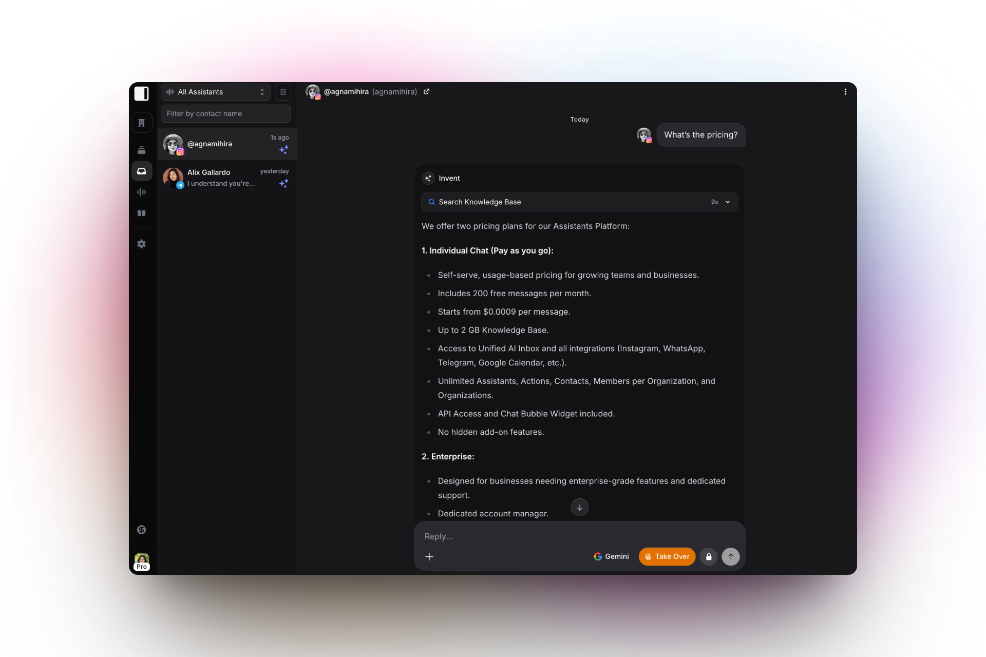 Screenshot of the Invent chat platform displaying a conversation about pricing plans. The message explains two plans for the Assistants Platform: "Individual Chat (Pay as you go)" with features like 200 free messages per month, usage-based pricing starting at $0.0009 per message, 2 GB knowledge base, integrations, unlimited assistants and members, API access, and no hidden fees; and "Enterprise," which is designed for advanced business needs and includes a dedicated account manager.